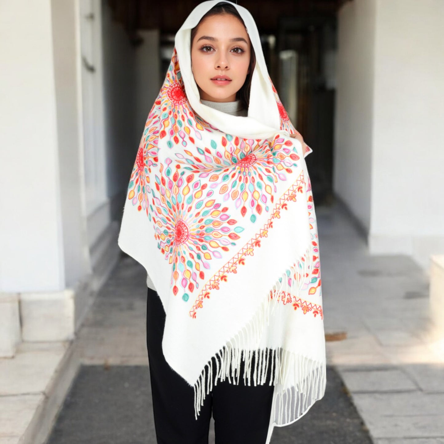 Anna-Kaci Women's Floral Mandala Embroidered Scarf with Fringed Edges and Lightweight Fabric