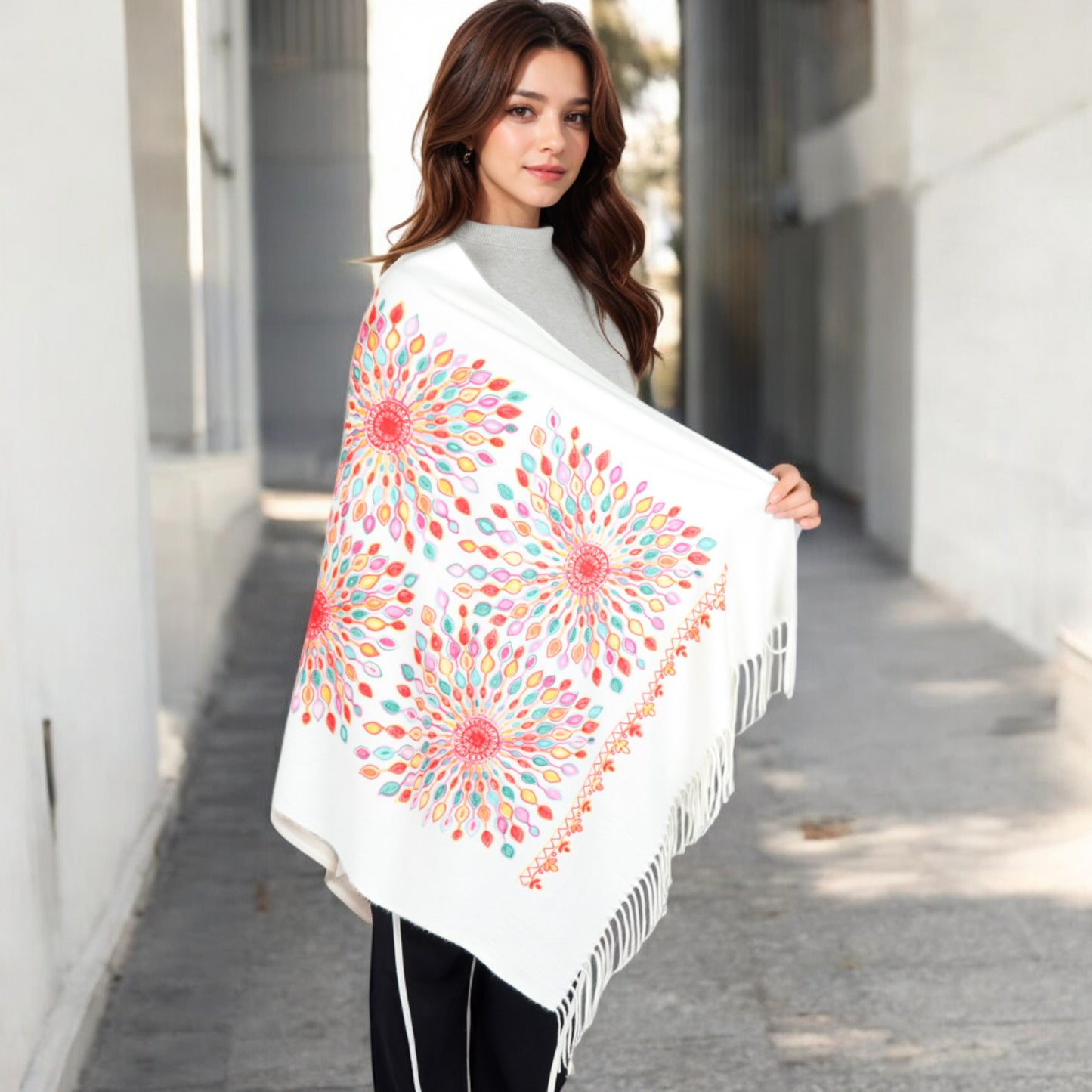 Anna-Kaci Women's Floral Mandala Embroidered Scarf with Fringed Edges and Lightweight Fabric