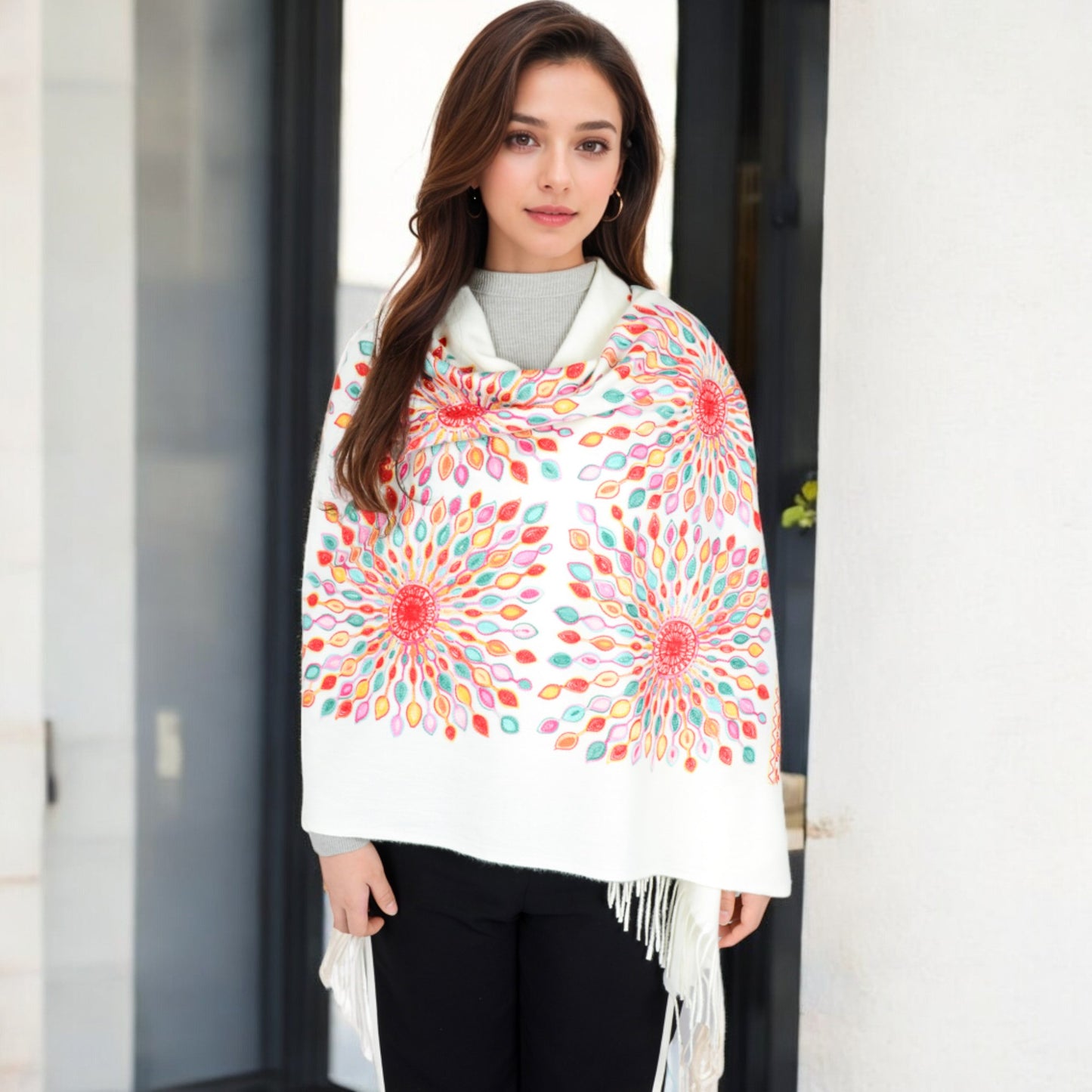 Anna-Kaci Women's Floral Mandala Embroidered Scarf with Fringed Edges and Lightweight Fabric