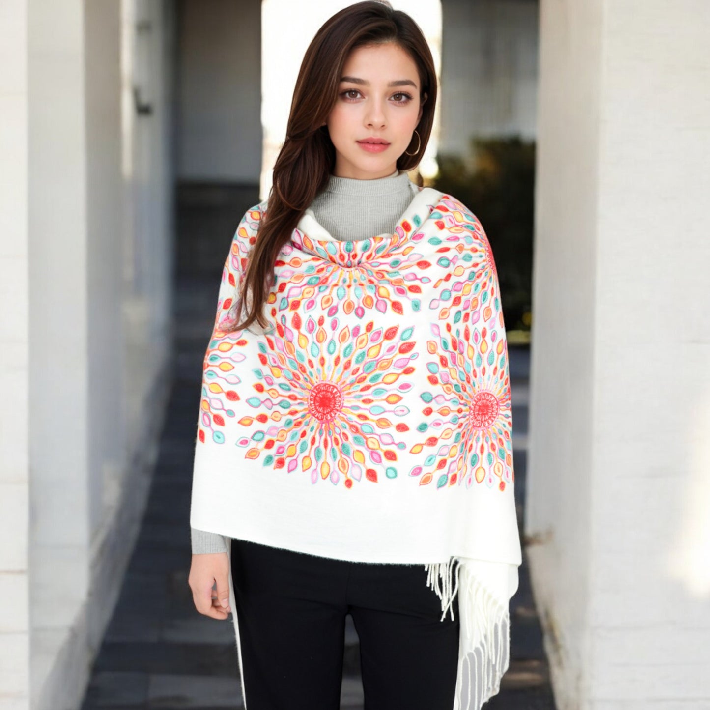 Anna-Kaci Women's Floral Mandala Embroidered Scarf with Fringed Edges and Lightweight Fabric