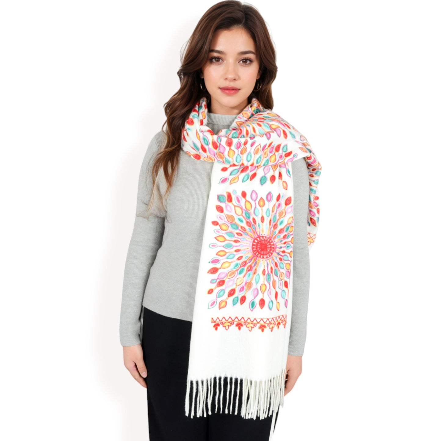 Anna-Kaci Women's Floral Mandala Embroidered Scarf with Fringed Edges and Lightweight Fabric