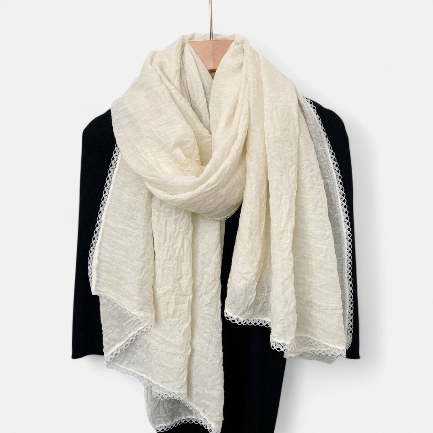Anna-Kaci Women's Lightweight Crinkled Wrap Scarf with Delicate Lace Trim Edges