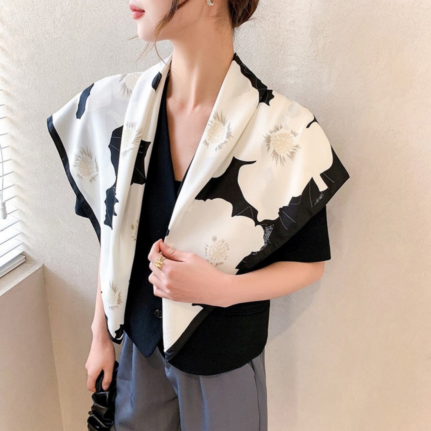 Anna-Kaci Women's Square Floral Print Satin Scarf with Bold Leaf Pattern and Smooth Silky Finish