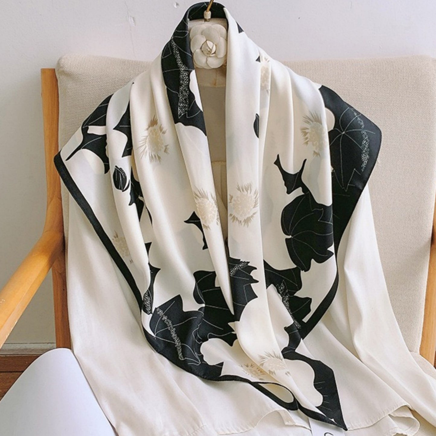 Anna-Kaci Women's Square Floral Print Satin Scarf with Bold Leaf Pattern and Smooth Silky Finish