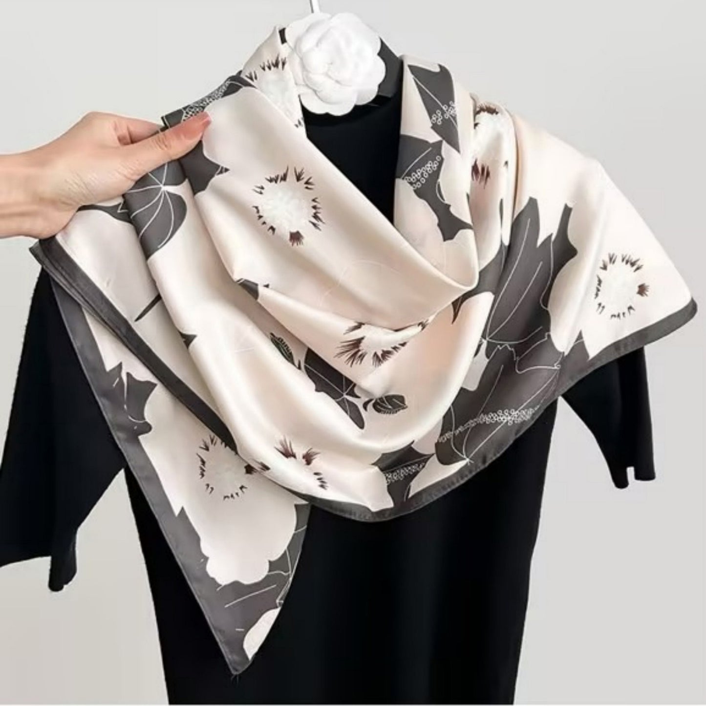 Anna-Kaci Women's Square Floral Print Satin Scarf with Bold Leaf Pattern and Smooth Silky Finish