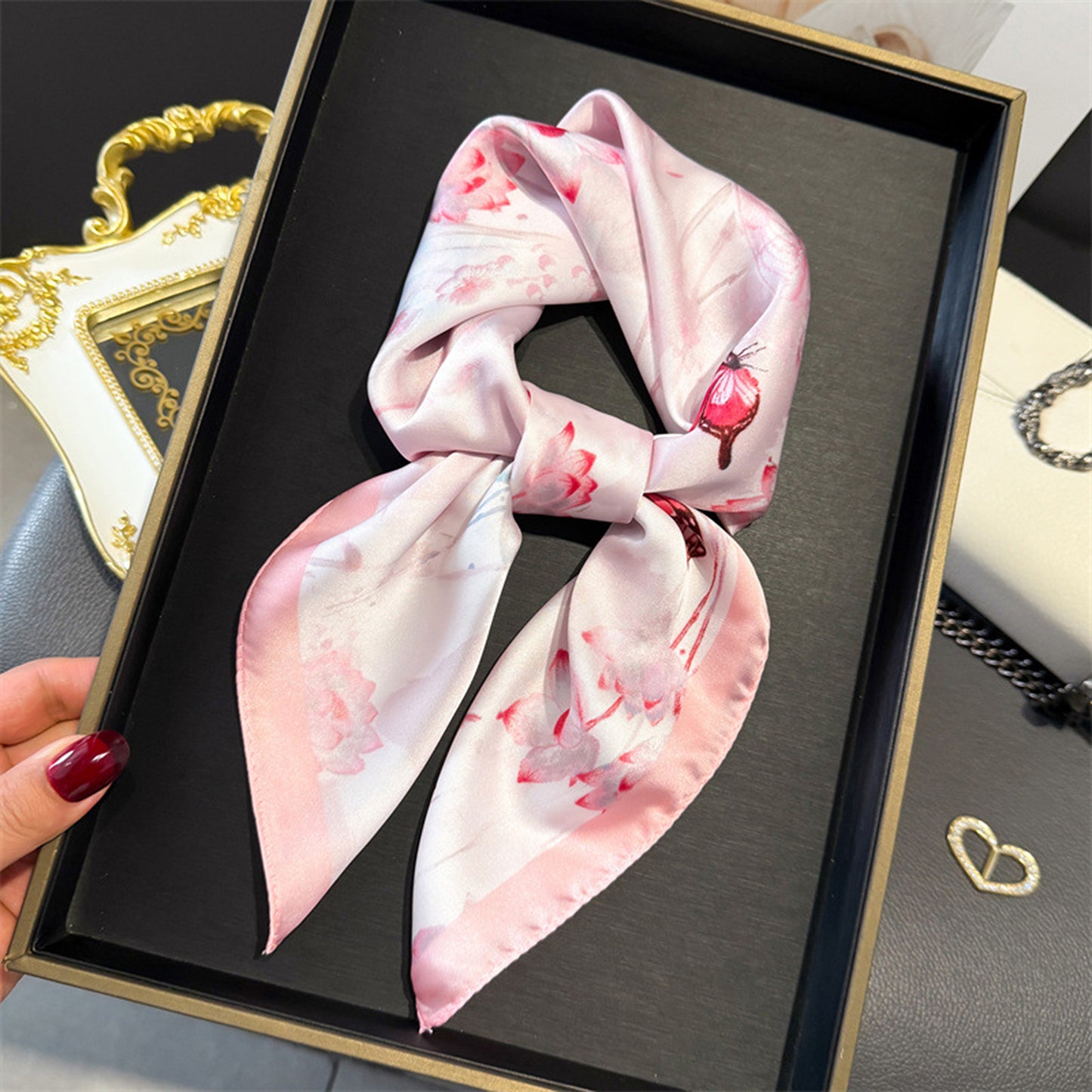 Anna-Kaci Women's Satin Square Scarf with Butterfly and Floral Print Lightweight Silky Neck Head or Bag Accessory