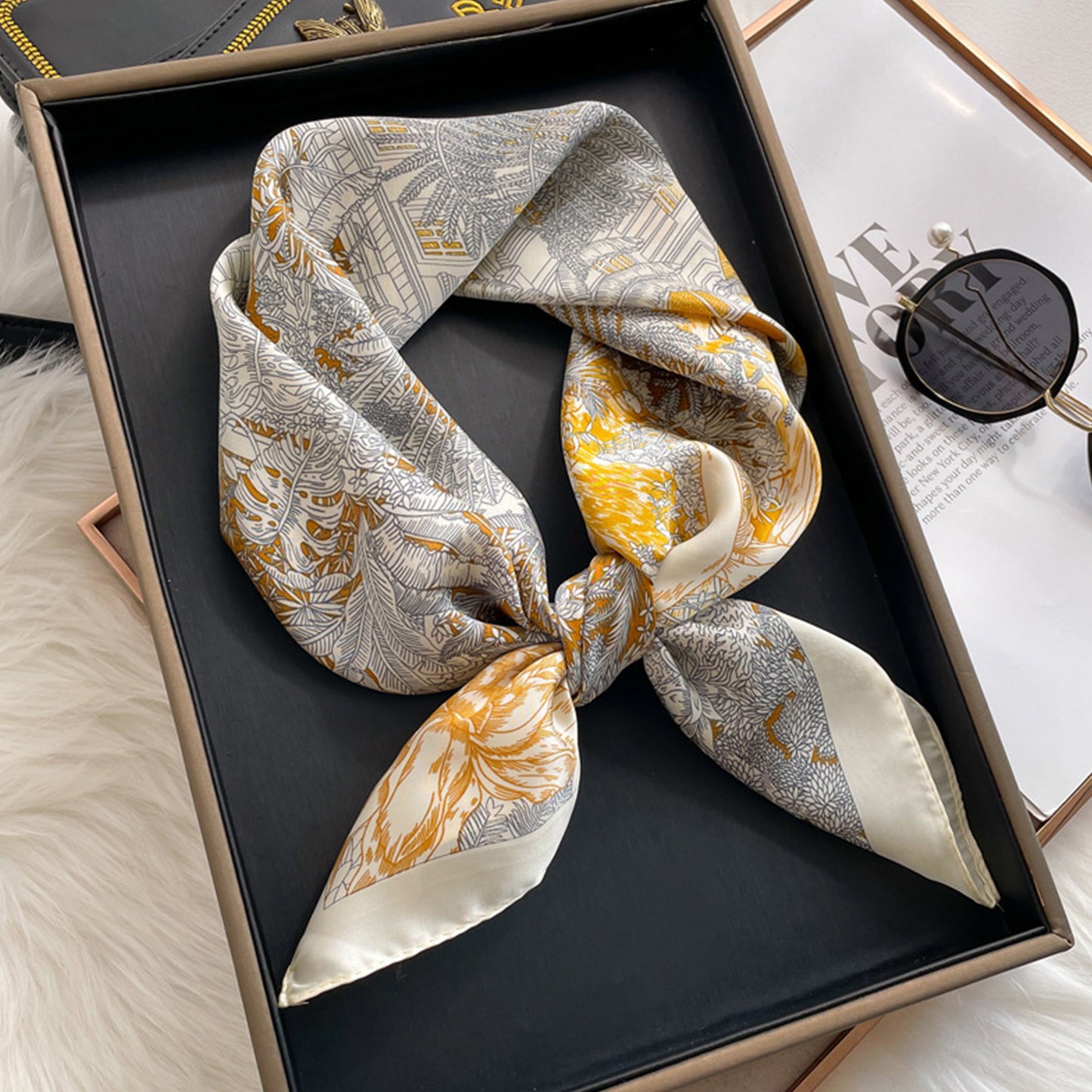 Anna-Kaci Elegant Satin Square Scarf Artistic Print Versatile Styling Accessory - 27.5IN¡Á27.5IN
