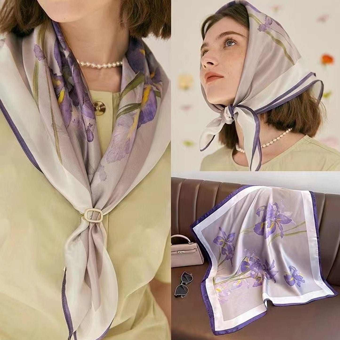 Anna-Kaci Satin Square Scarf with Elegant Floral Print for Neck Hair and Handbag Accessory - 27.5IN¡Á27.5IN