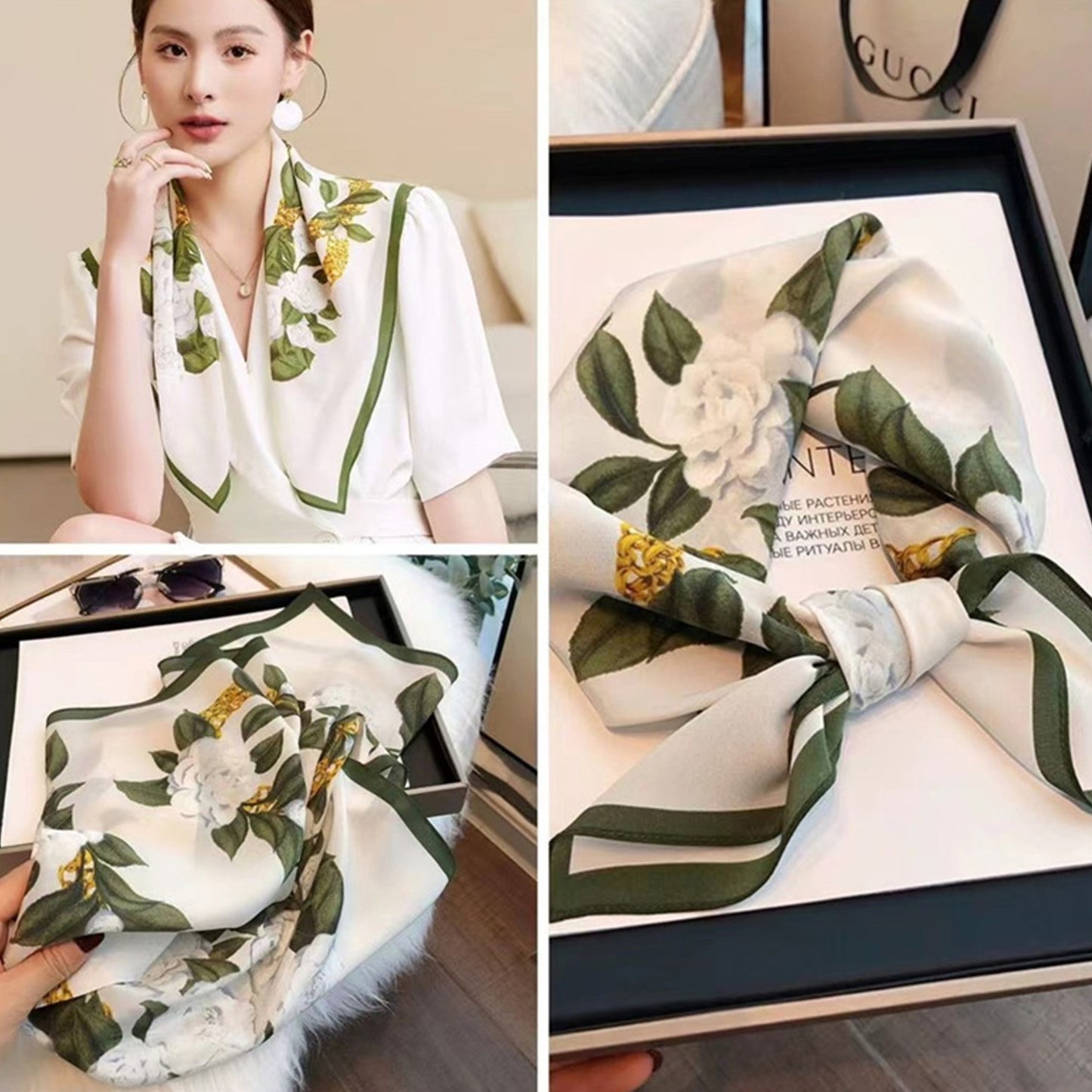 Anna-Kaci Satin Square Scarf with Elegant Floral Print for Neck Hair and Handbag Accessory - 27.5IN¡Á27.5IN