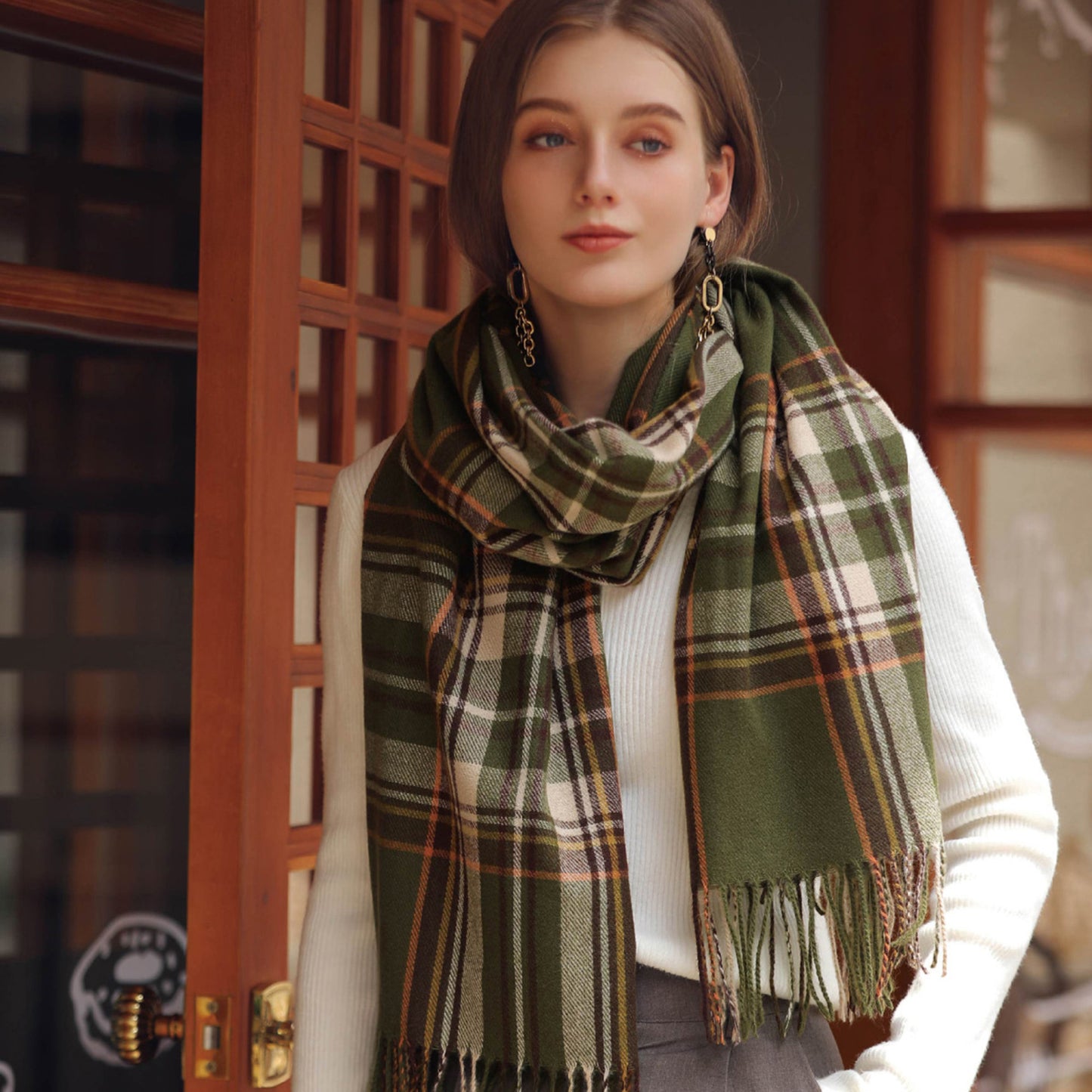 Anna-Kaci Women's Plaid Fringe Scarf with Soft Woven Fabric Classic Check Pattern and Cozy Wrap Design
