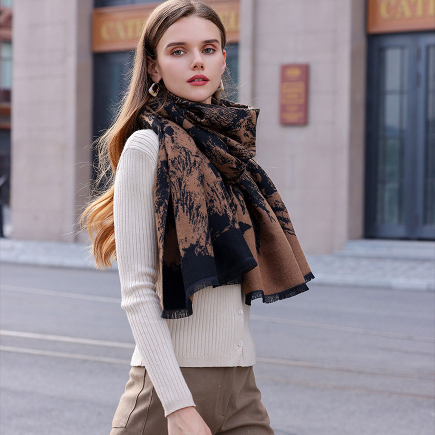 Anna-Kaci Women's Abstract Print Woven Scarf with Soft Lightweight Fabric Modern Pattern and Frayed Edge Detailing
