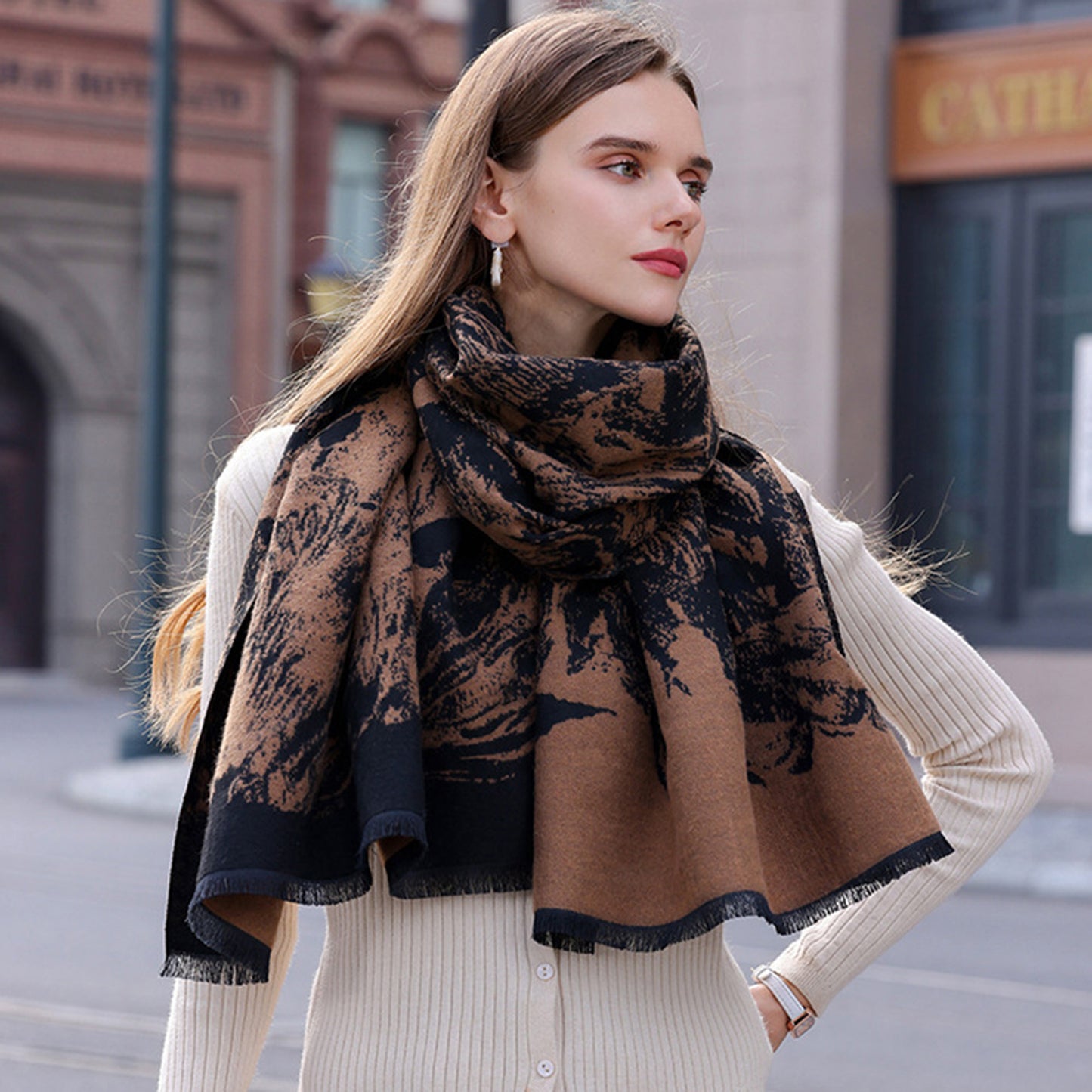 Anna-Kaci Women's Abstract Print Woven Scarf with Soft Lightweight Fabric Modern Pattern and Frayed Edge Detailing