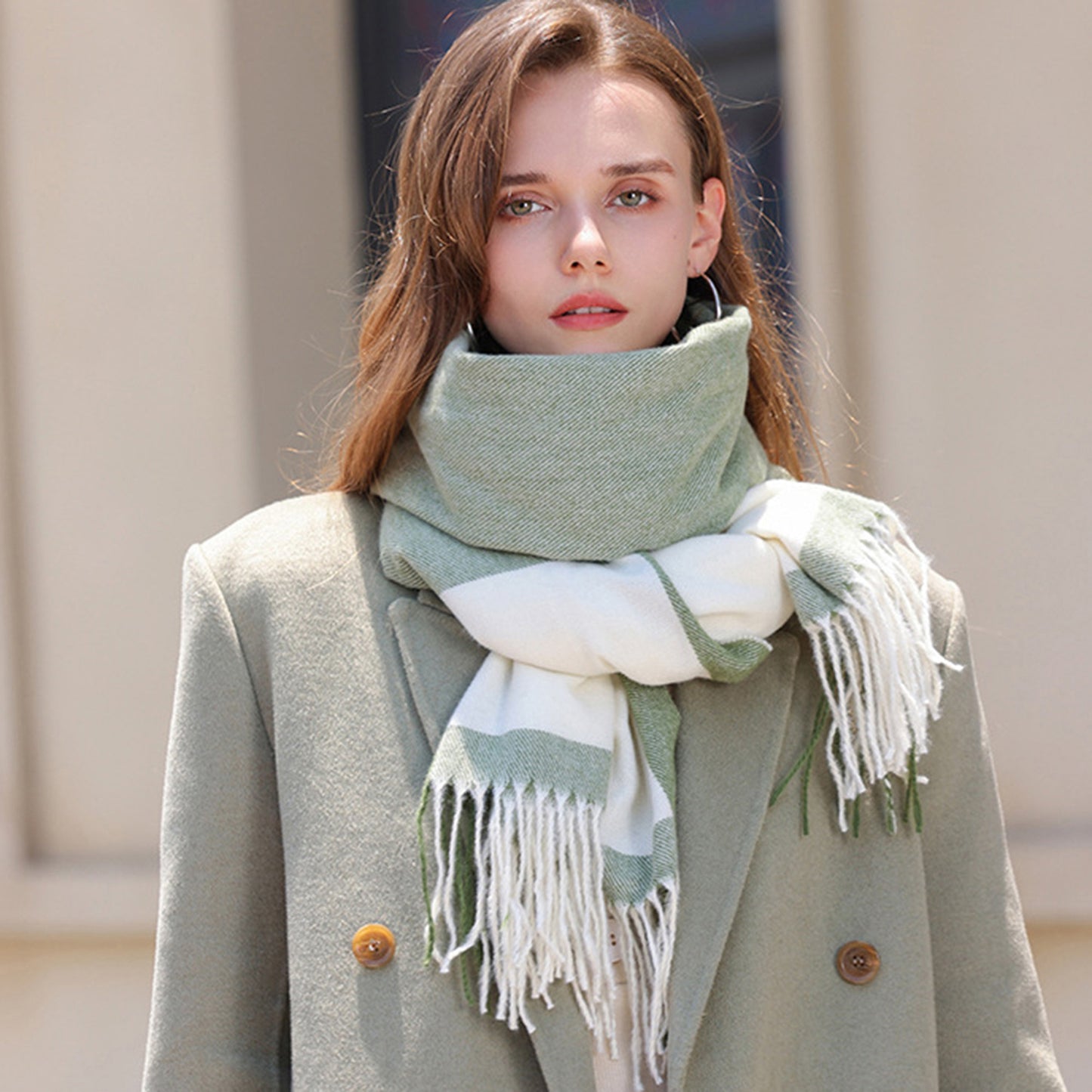 Anna-Kaci Women's Striped Woven Scarf with Soft Cozy Fabric Two-Tone Design and Fringe Trim Detailing