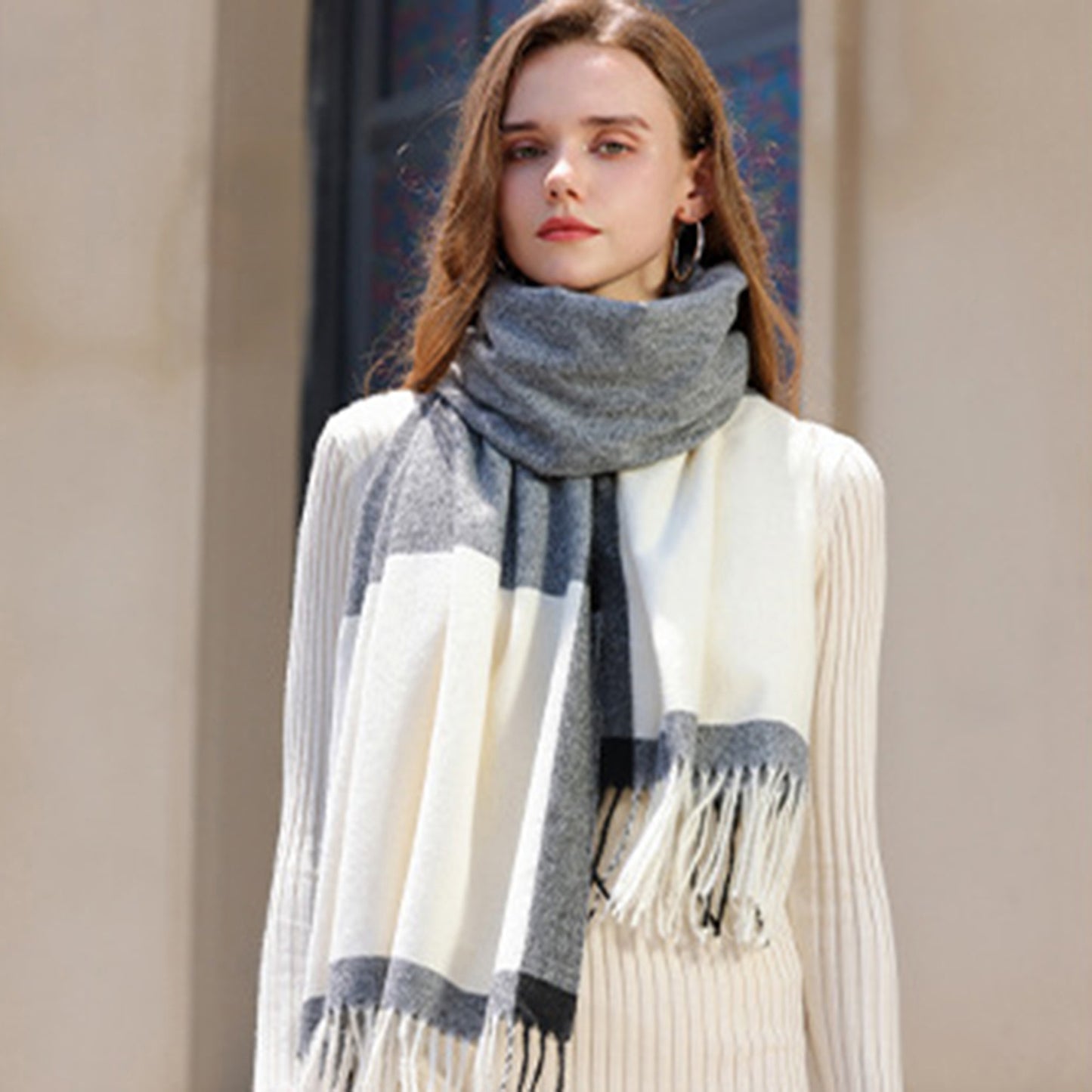 Anna-Kaci Women's Striped Woven Scarf with Soft Cozy Fabric Two-Tone Design and Fringe Trim Detailing