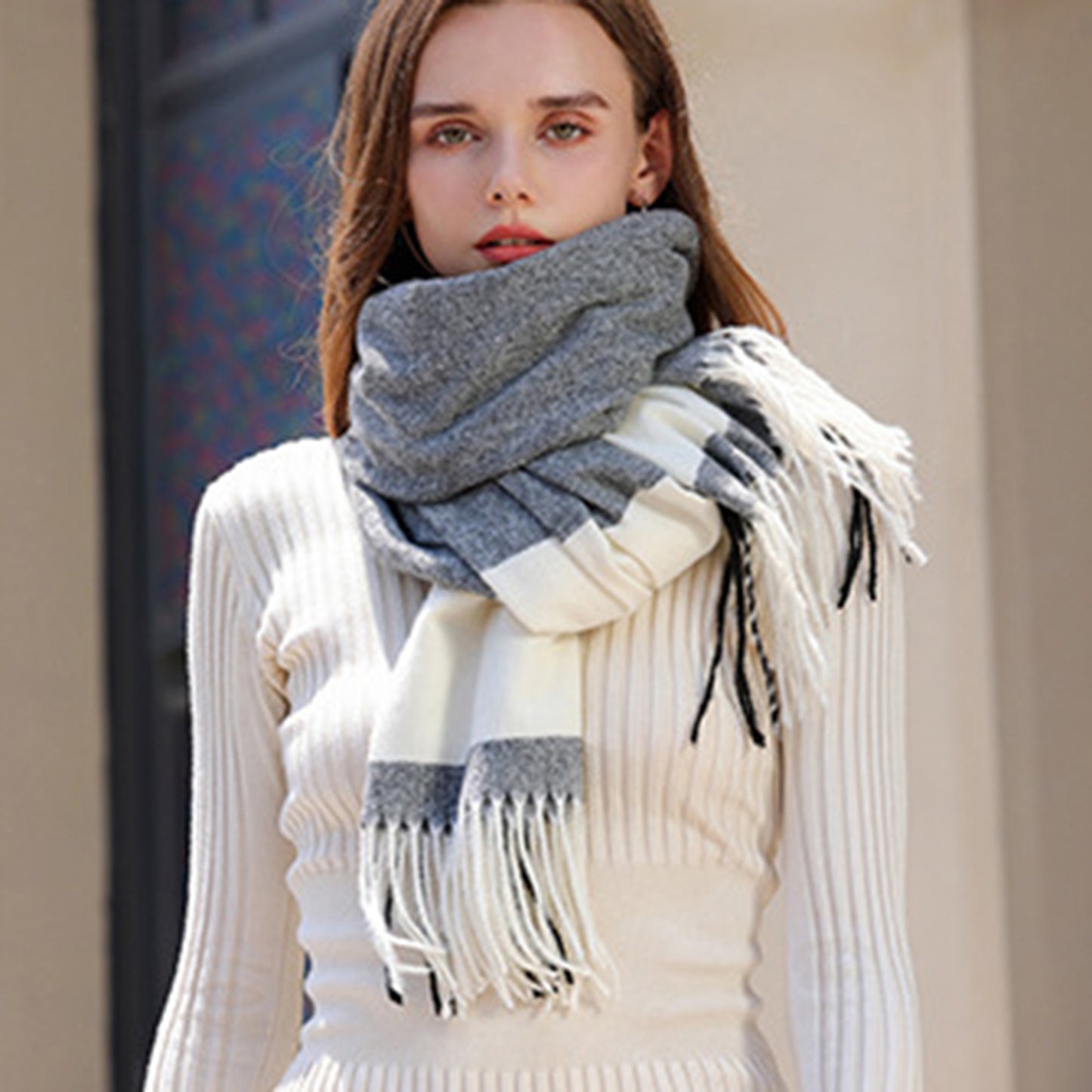 Anna-Kaci Women's Striped Woven Scarf with Soft Cozy Fabric Two-Tone Design and Fringe Trim Detailing