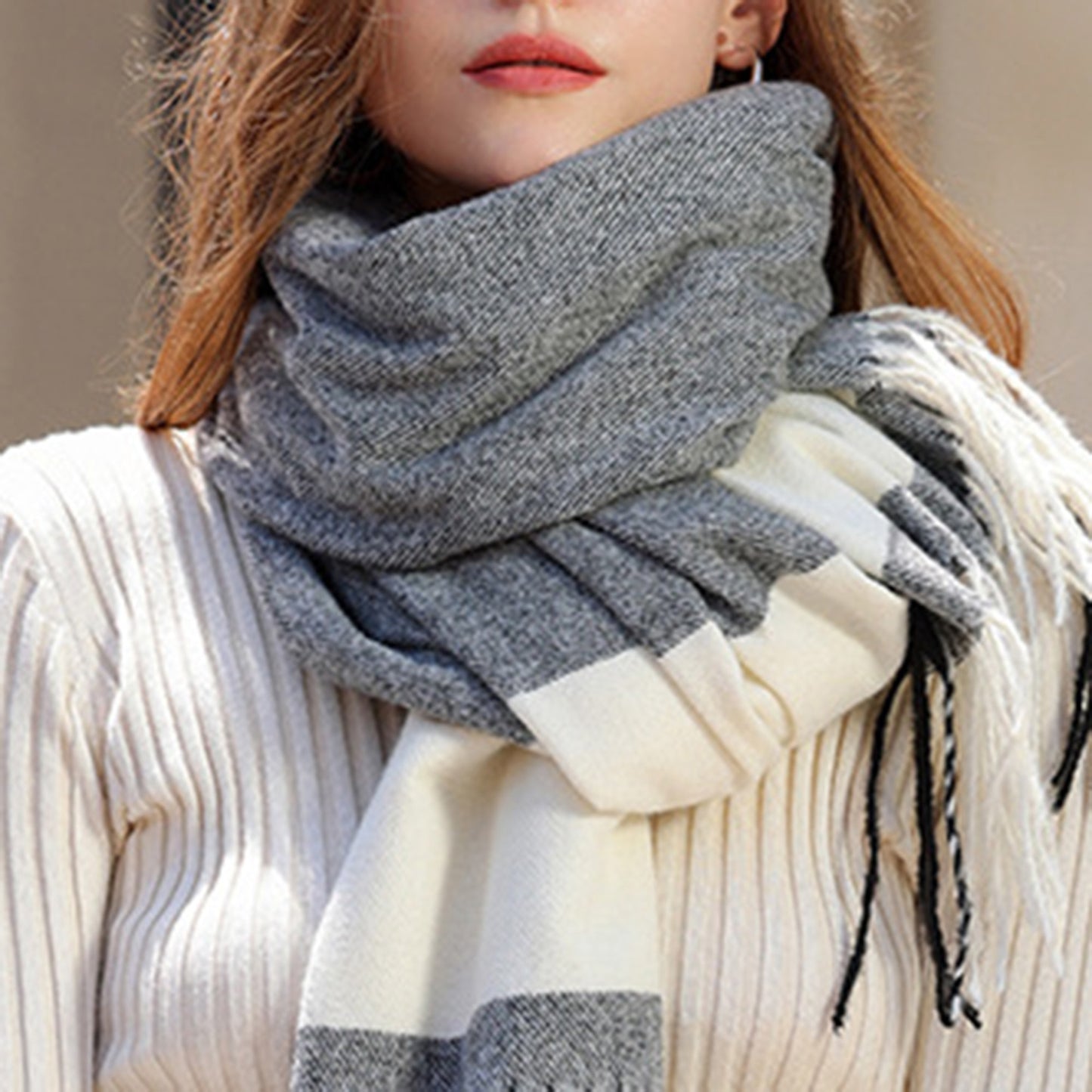 Anna-Kaci Women's Striped Woven Scarf with Soft Cozy Fabric Two-Tone Design and Fringe Trim Detailing