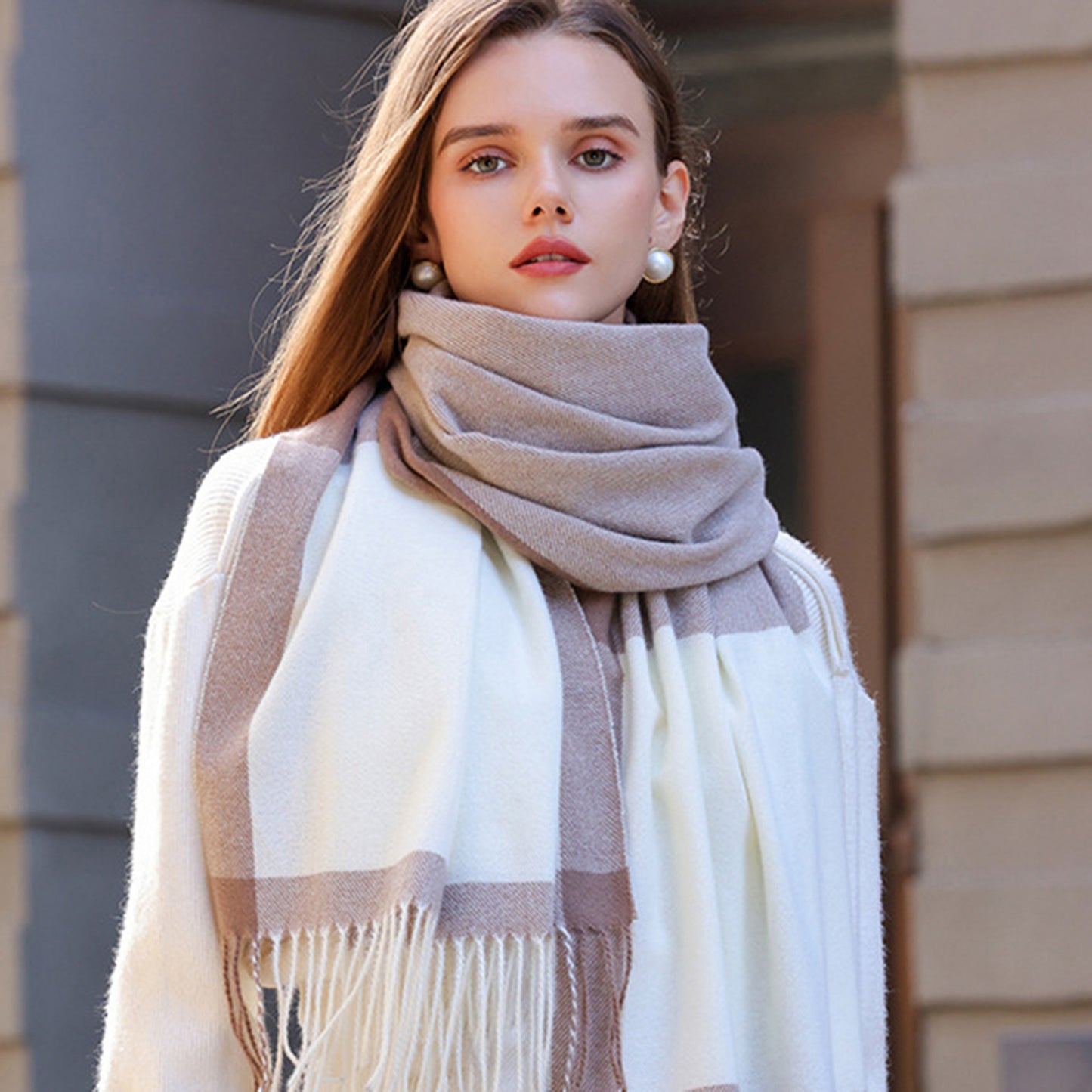Anna-Kaci Women's Striped Woven Scarf with Soft Cozy Fabric Two-Tone Design and Fringe Trim Detailing