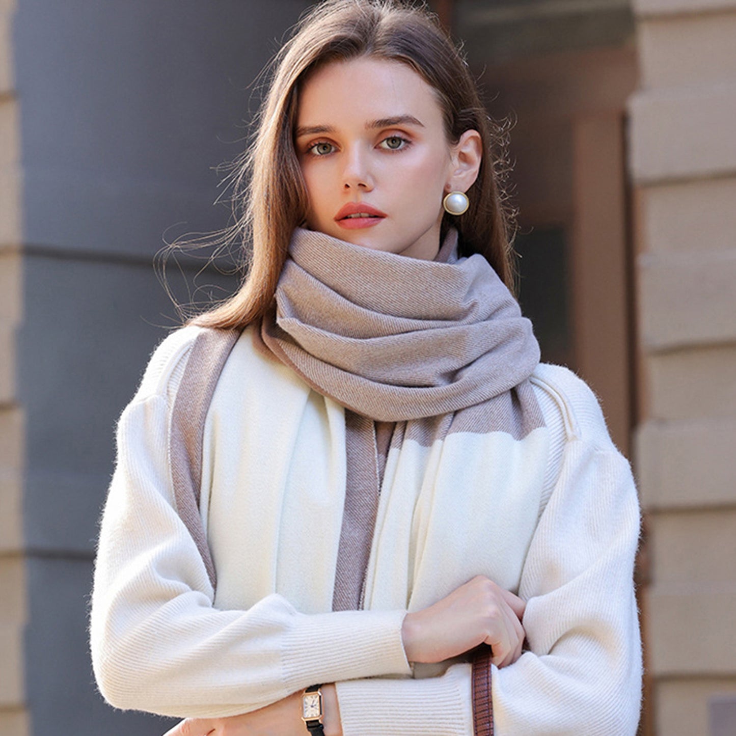 Anna-Kaci Women's Striped Woven Scarf with Soft Cozy Fabric Two-Tone Design and Fringe Trim Detailing