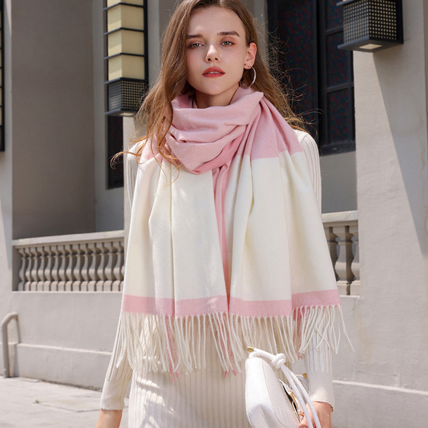 Anna-Kaci Women's Striped Woven Scarf with Soft Cozy Fabric Two-Tone Design and Fringe Trim Detailing