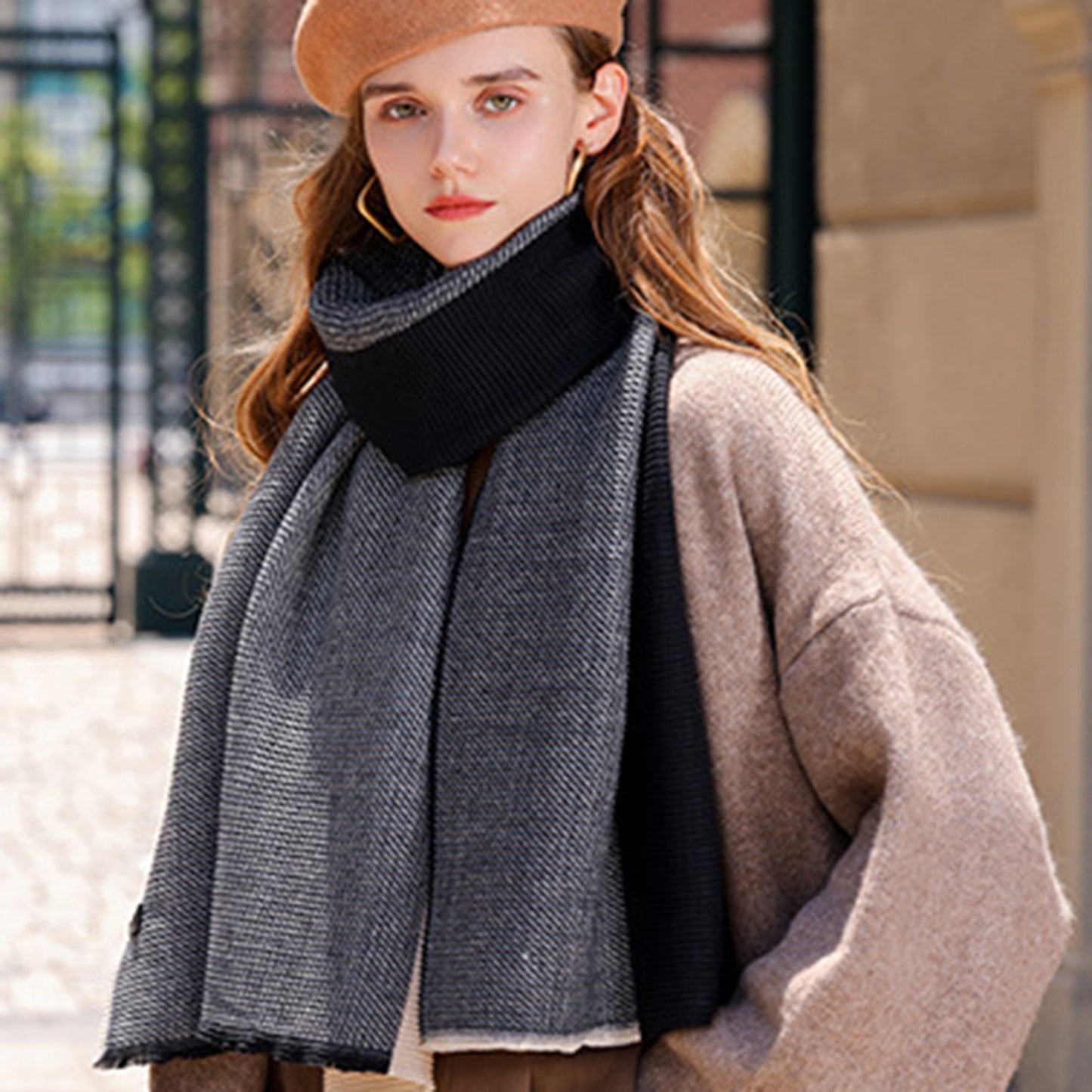 Anna-Kaci Women's Color Block Woven Scarf with Soft Cozy Fabric Modern Neutral Tones and Textured Design