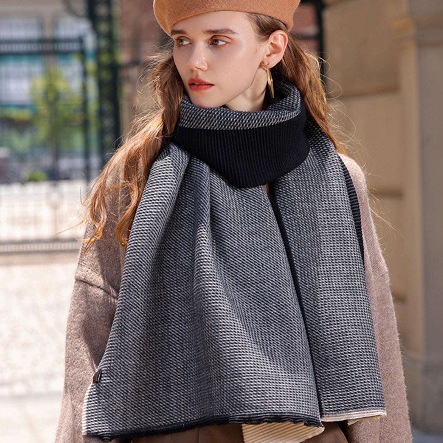 Anna-Kaci Women's Color Block Woven Scarf with Soft Cozy Fabric Modern Neutral Tones and Textured Design