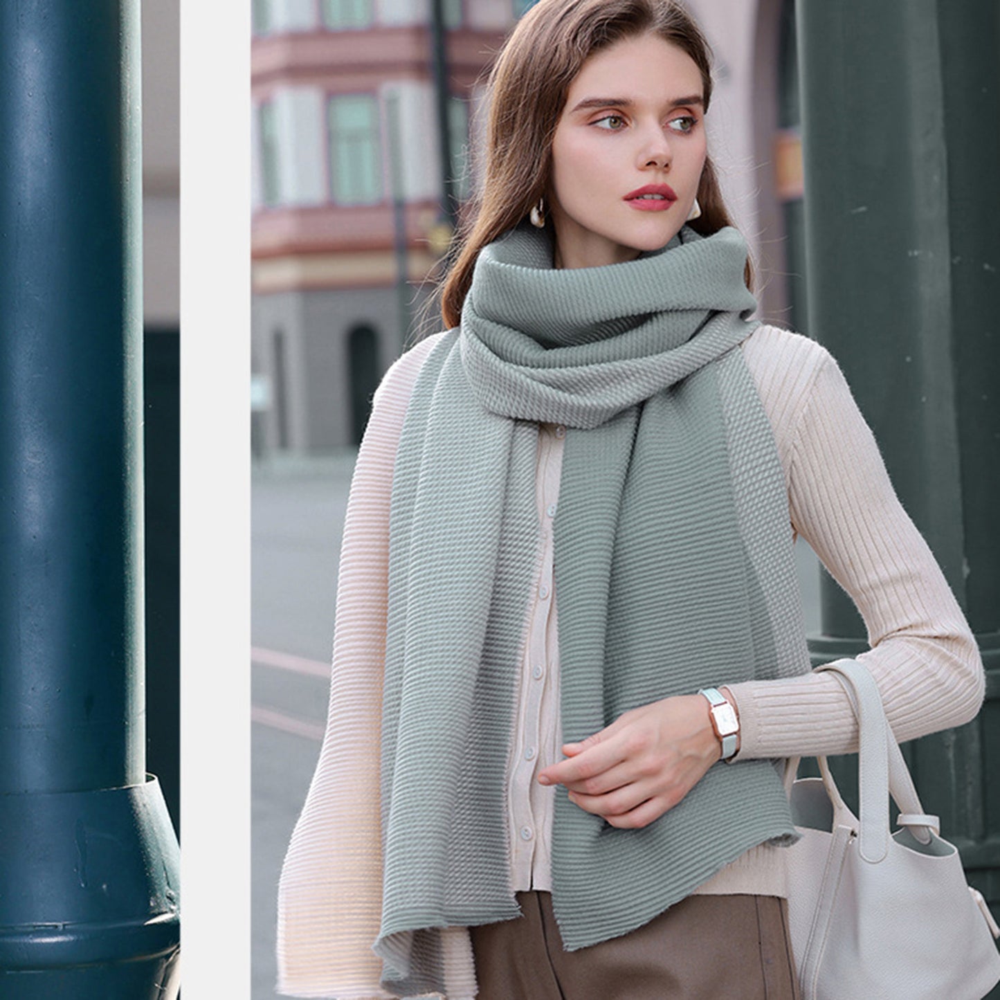 Anna-Kaci Women's Color Block Woven Scarf with Soft Cozy Fabric Modern Neutral Tones and Textured Design