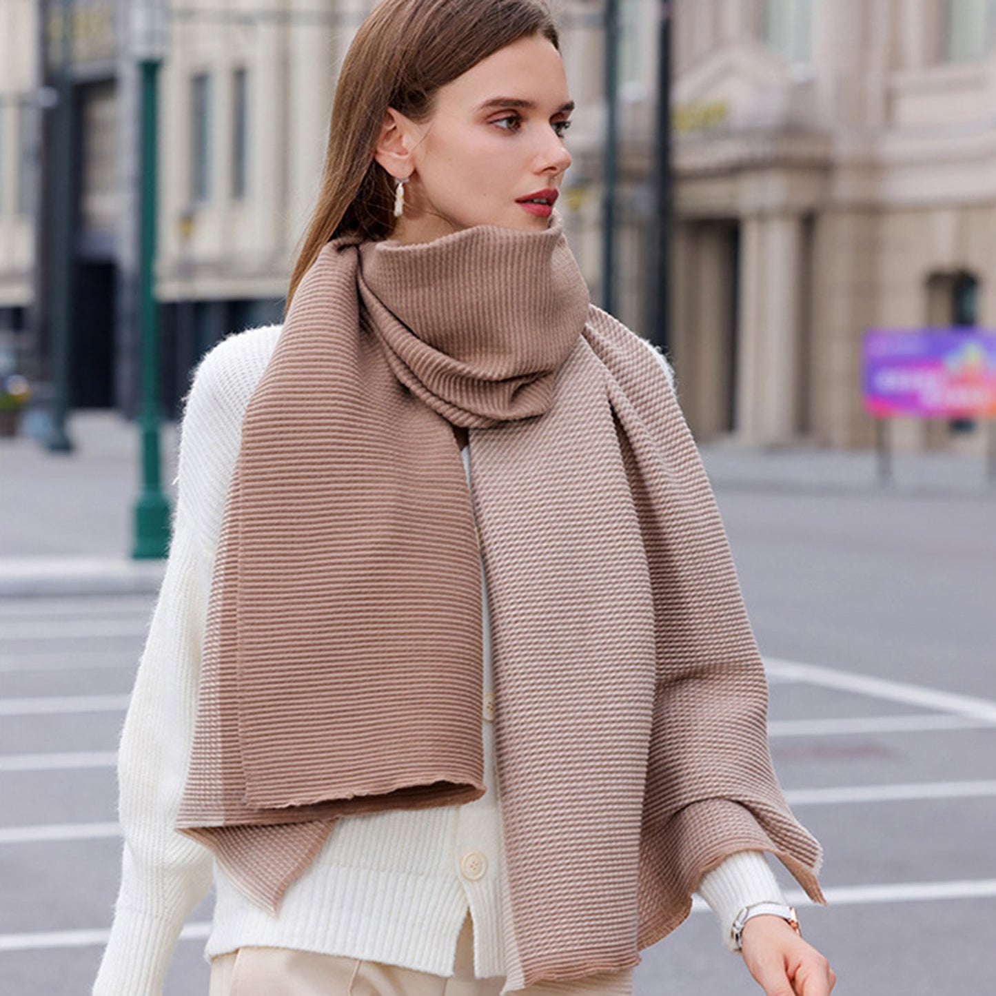 Anna-Kaci Women's Color Block Woven Scarf with Soft Cozy Fabric Modern Neutral Tones and Textured Design
