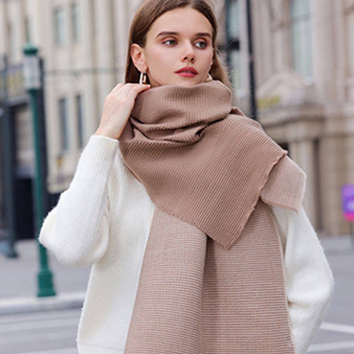 Anna-Kaci Women's Color Block Woven Scarf with Soft Cozy Fabric Modern Neutral Tones and Textured Design