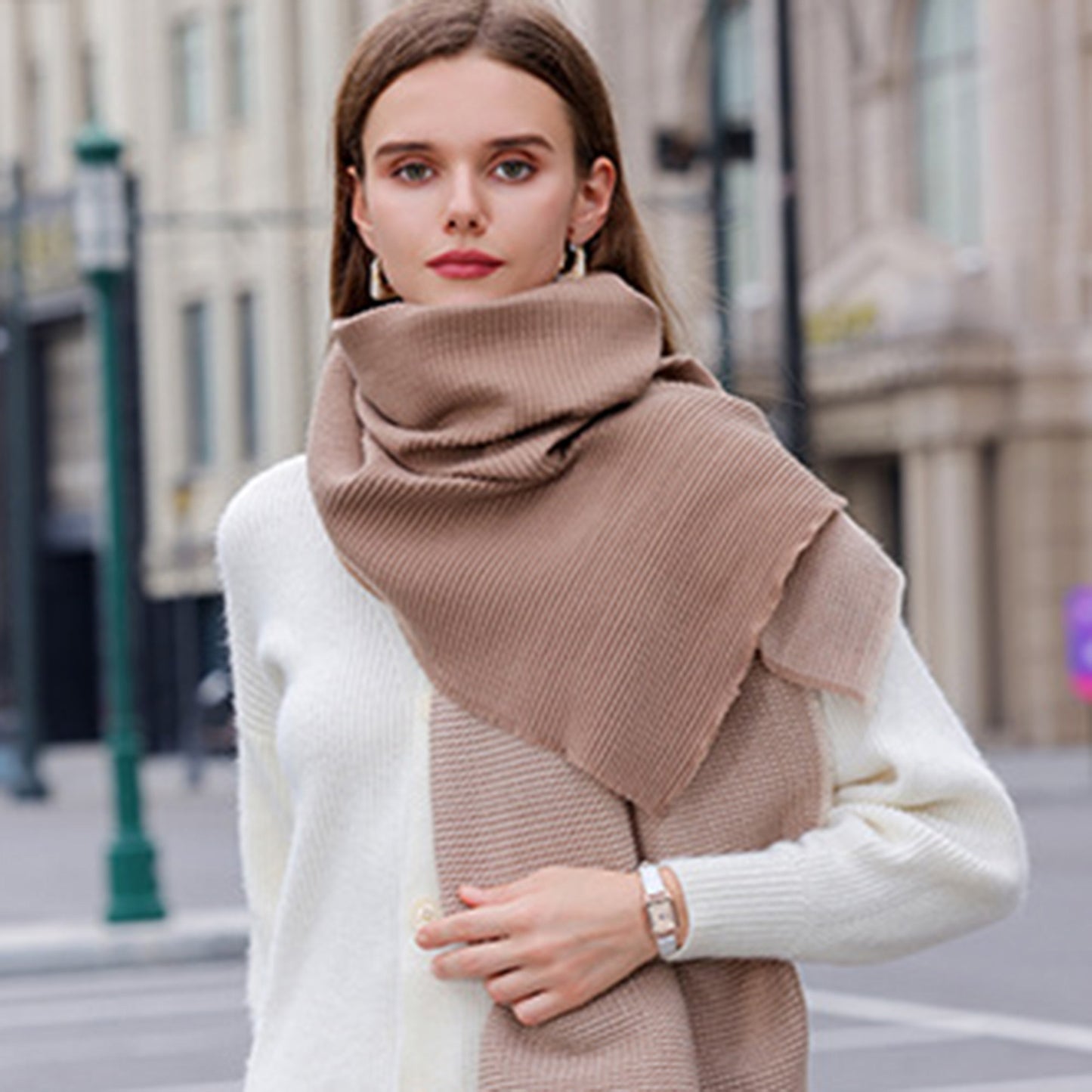 Anna-Kaci Women's Color Block Woven Scarf with Soft Cozy Fabric Modern Neutral Tones and Textured Design