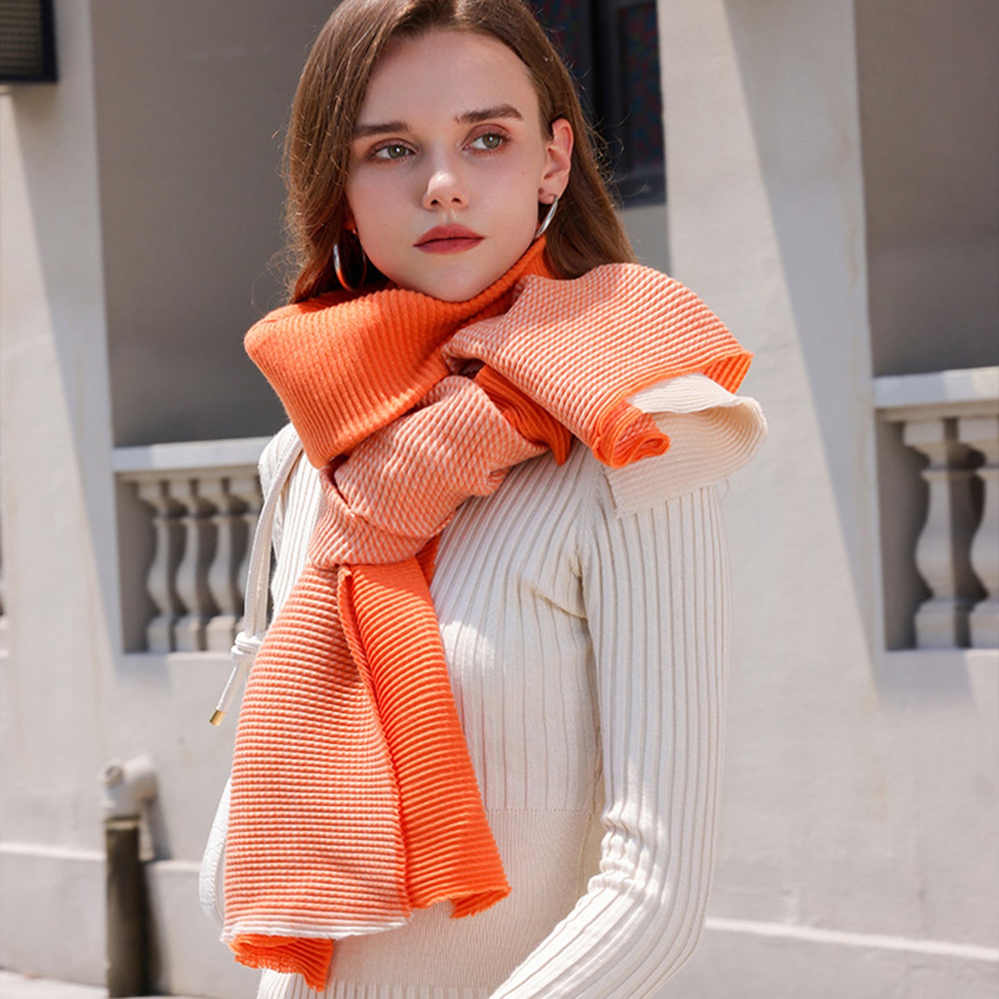 Anna-Kaci Women's Color Block Woven Scarf with Soft Cozy Fabric Modern Neutral Tones and Textured Design