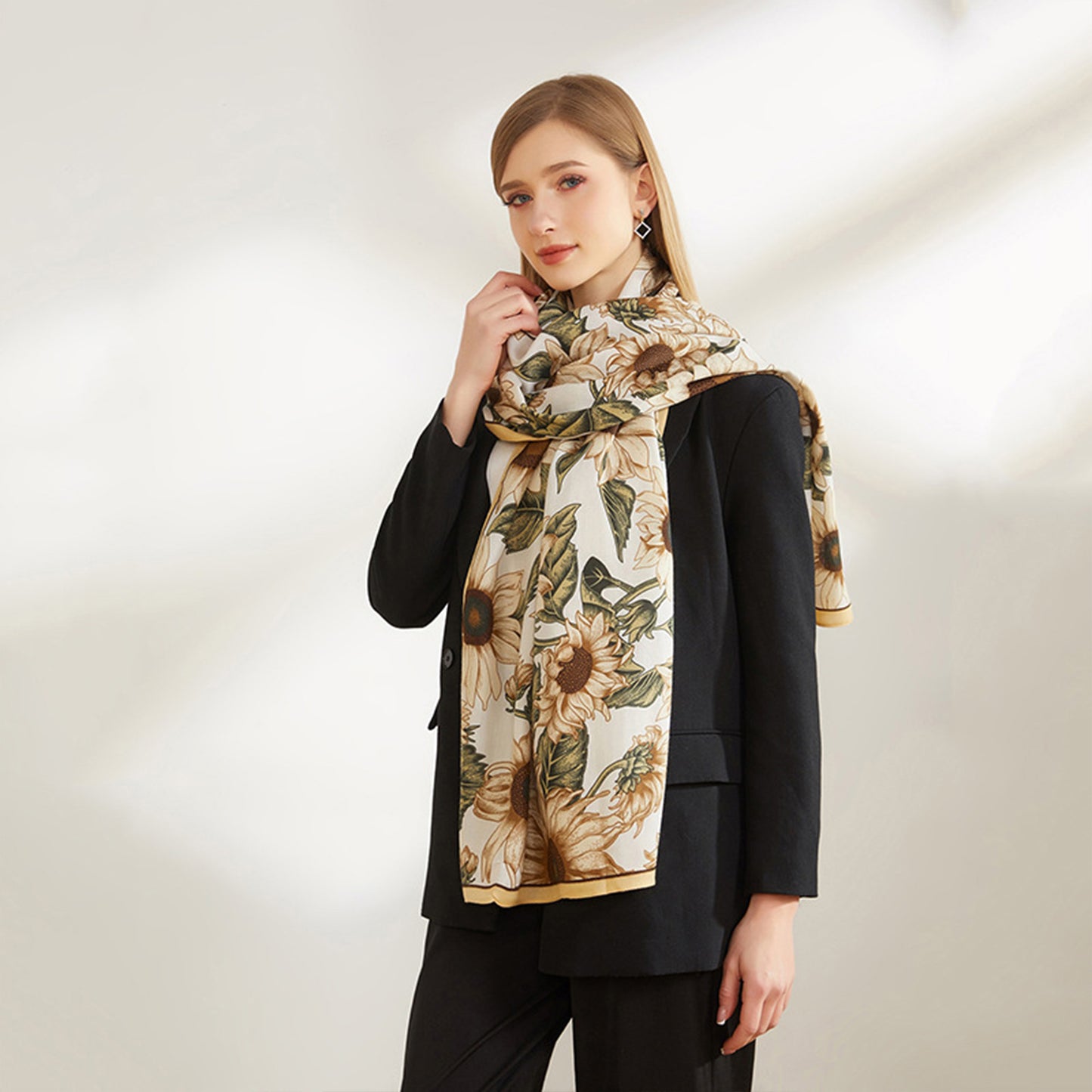 Anna-Kaci Sunflower Print Velvet Feel Autumn Winter Scarf with Warm Soft Texture - 71IN¡Á27N