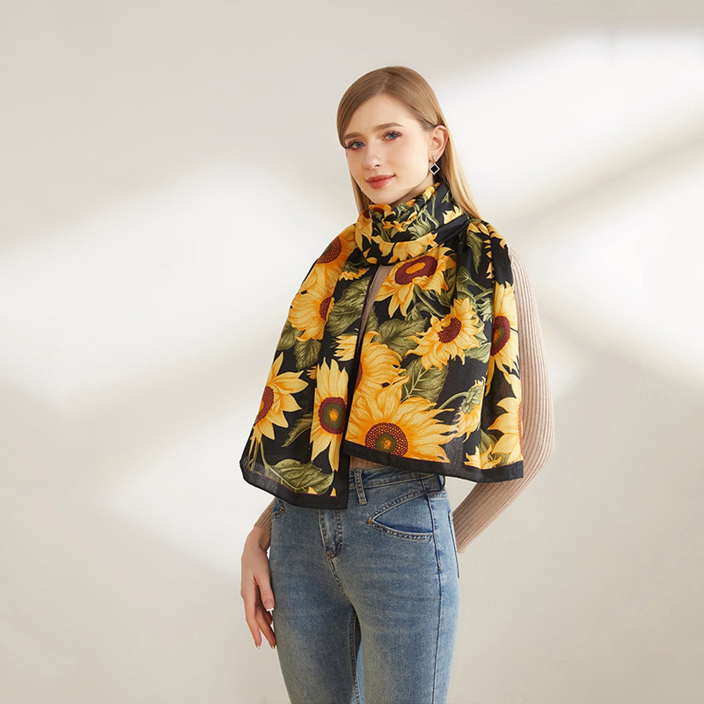 Anna-Kaci Sunflower Print Velvet Feel Autumn Winter Scarf with Warm Soft Texture - 71IN¡Á27N
