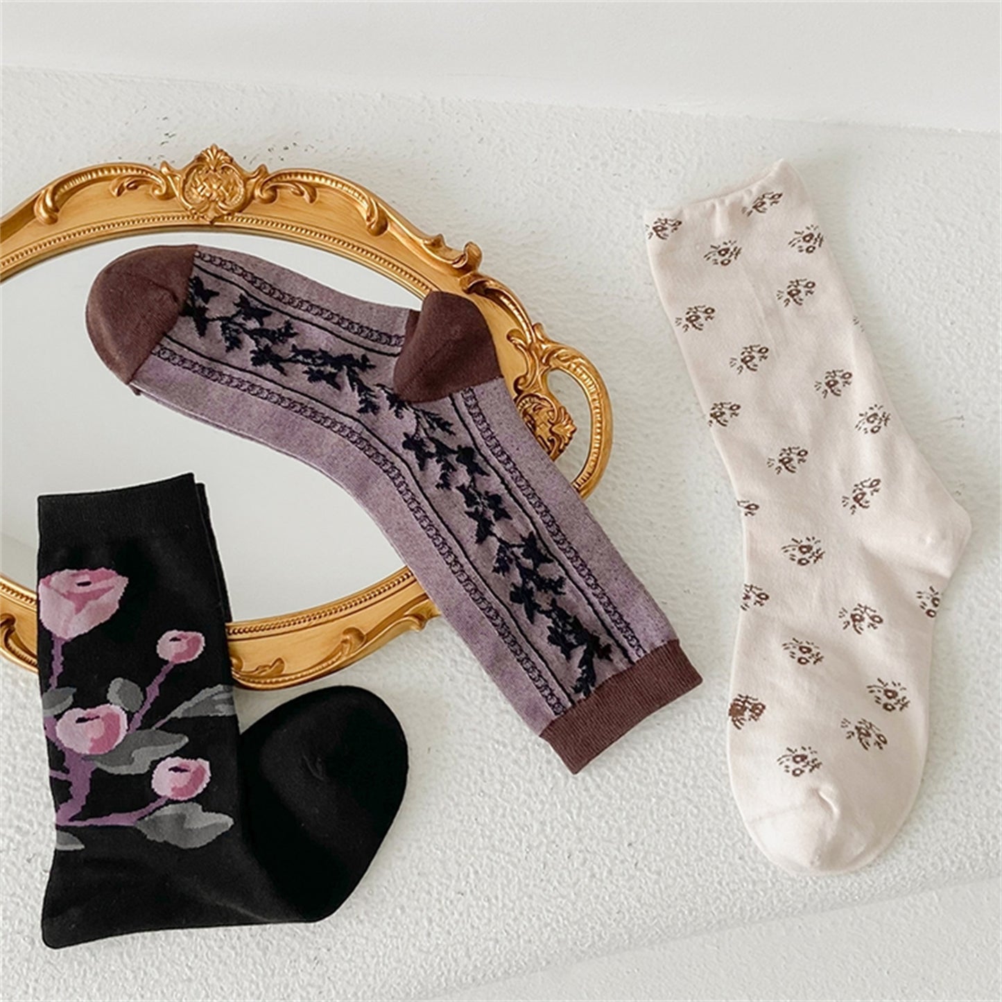 Alilang Women's 3-Pack Patterned Crew Socks with Vintage Embroidered Floral and Abstract Prints