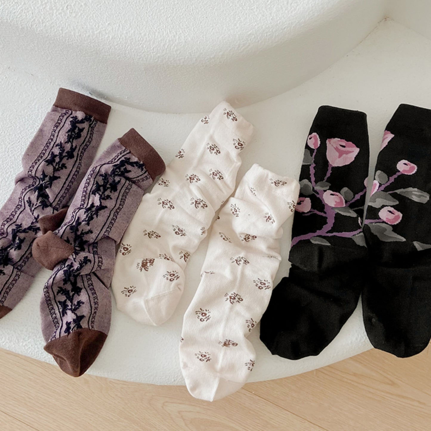 Alilang Women's 3-Pack Patterned Crew Socks with Vintage Embroidered Floral and Abstract Prints