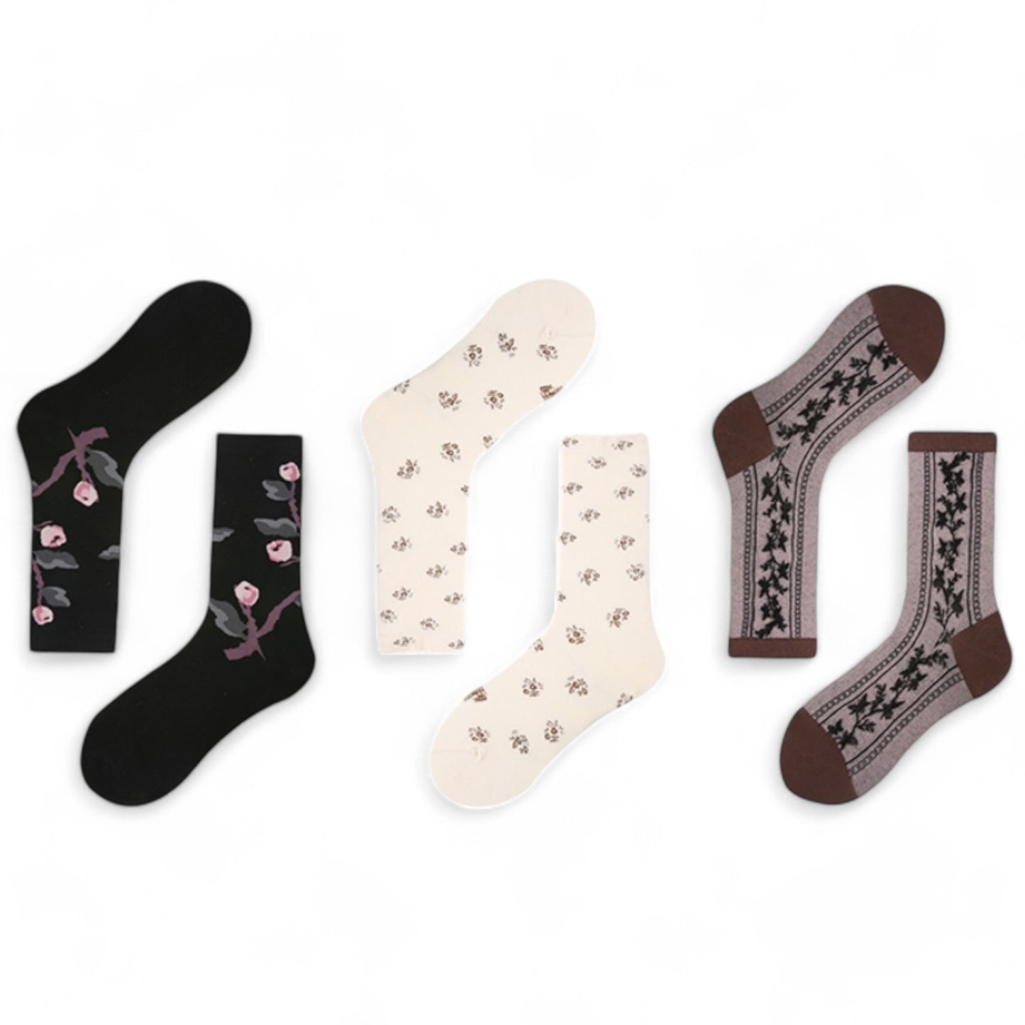 Alilang Women's 3-Pack Patterned Crew Socks with Vintage Embroidered Floral and Abstract Prints