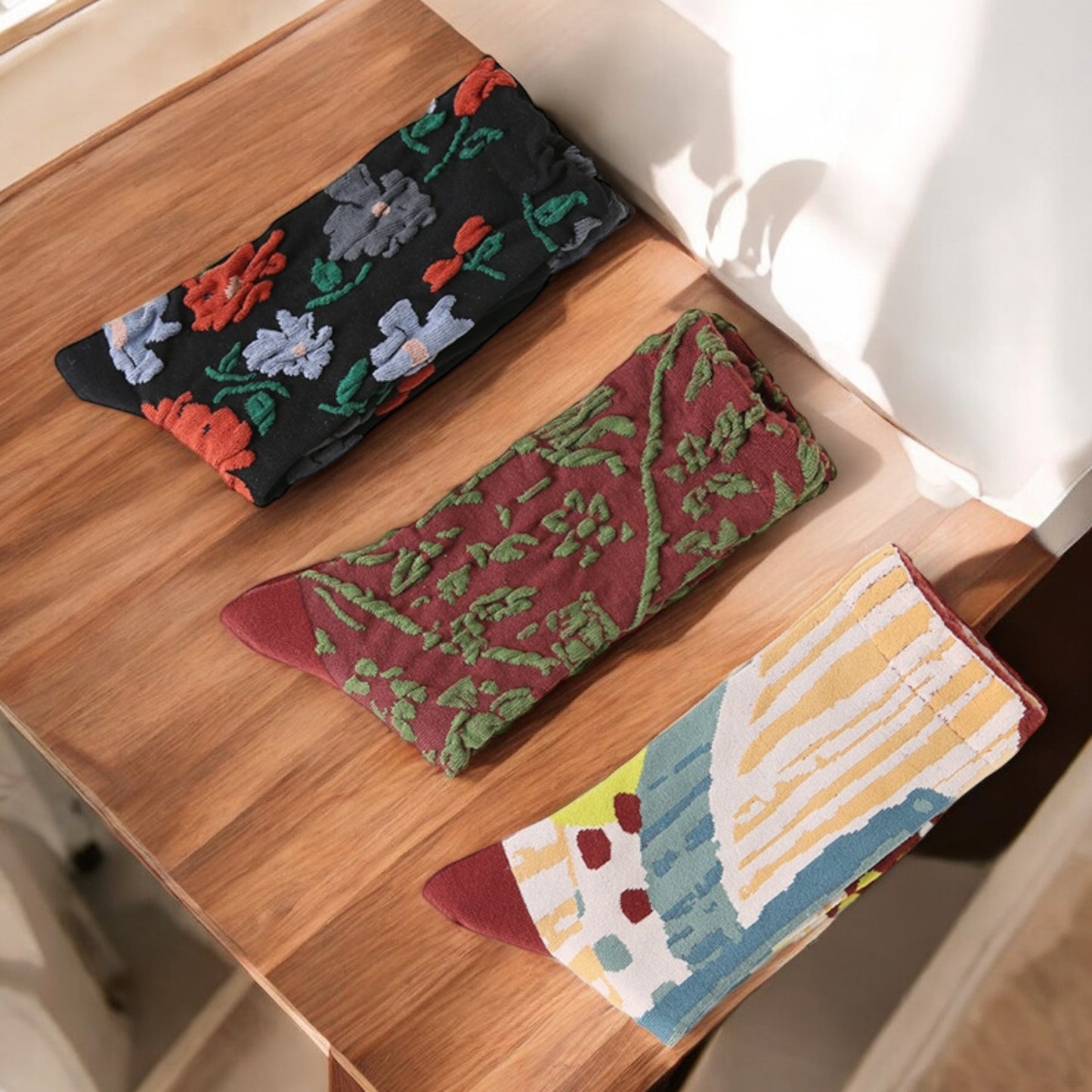 Alilang Women's 3-Pack Patterned Crew Socks with Vintage Embroidered Floral and Abstract Prints