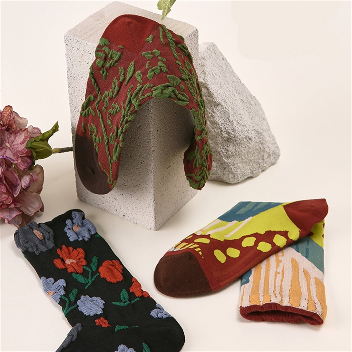 Alilang Women's 3-Pack Patterned Crew Socks with Vintage Embroidered Floral and Abstract Prints
