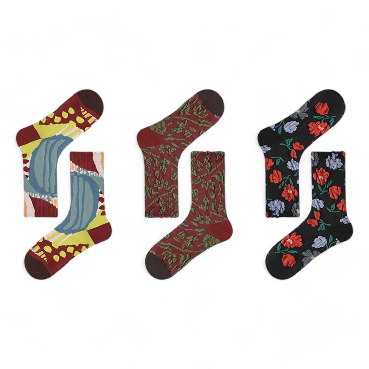 Alilang Women's 3-Pack Patterned Crew Socks with Vintage Embroidered Floral and Abstract Prints