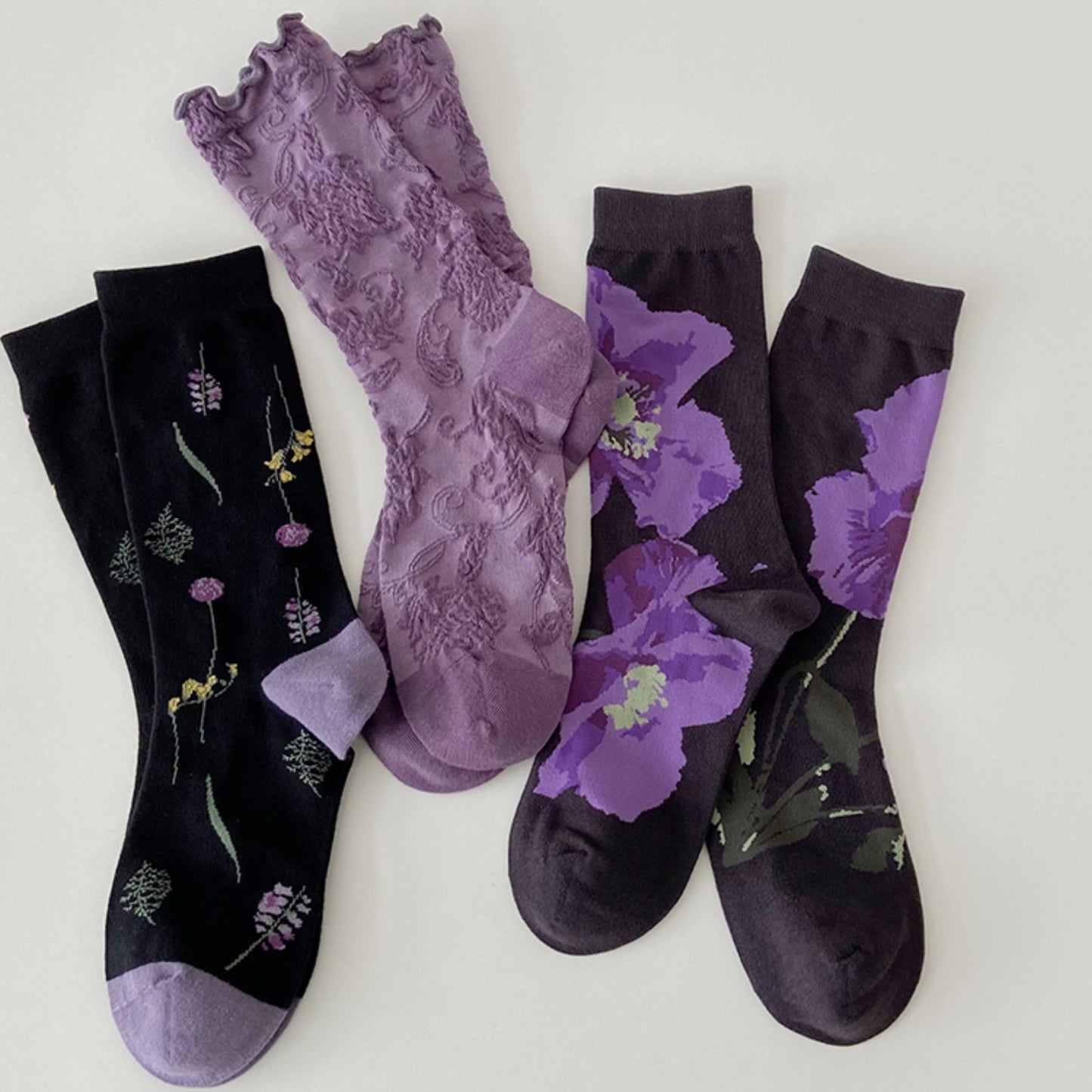 Alilang Women's 3-Pack Patterned Crew Socks with Vintage Embroidered Floral and Abstract Prints