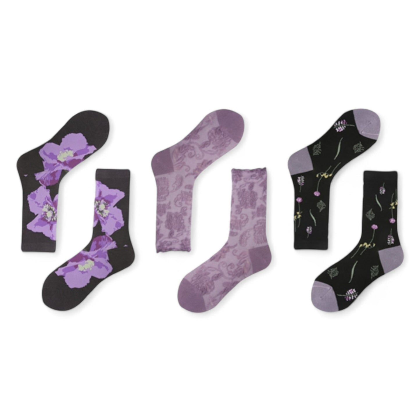 Alilang Women's 3-Pack Patterned Crew Socks with Vintage Embroidered Floral and Abstract Prints