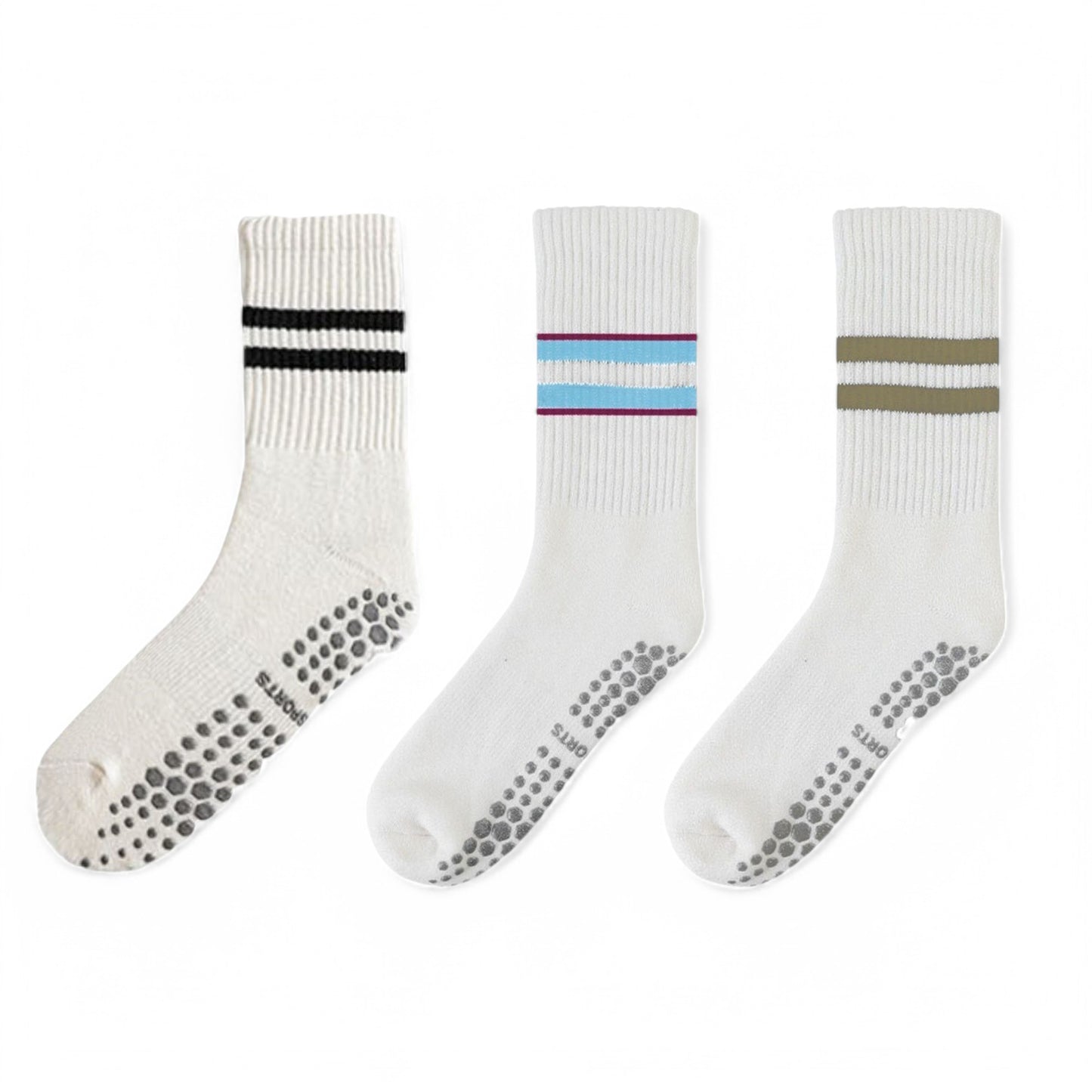 Women's 3-Pack Non-Slip Athletic Crew Socks with Striped Detail and Cushioned Support