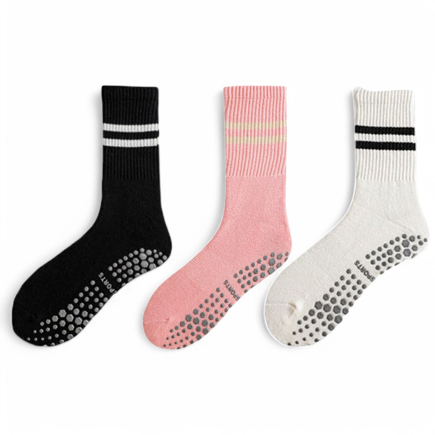 Women's 3-Pack Non-Slip Athletic Crew Socks with Striped Detail and Cushioned Support