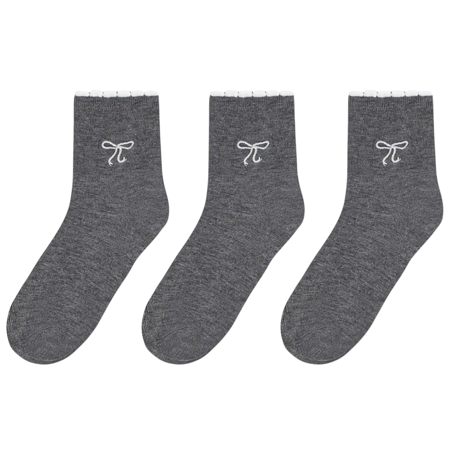 Women's 3-Pack Soft Knit Ankle Socks with Scalloped Trim and Embroidered Bow Detail