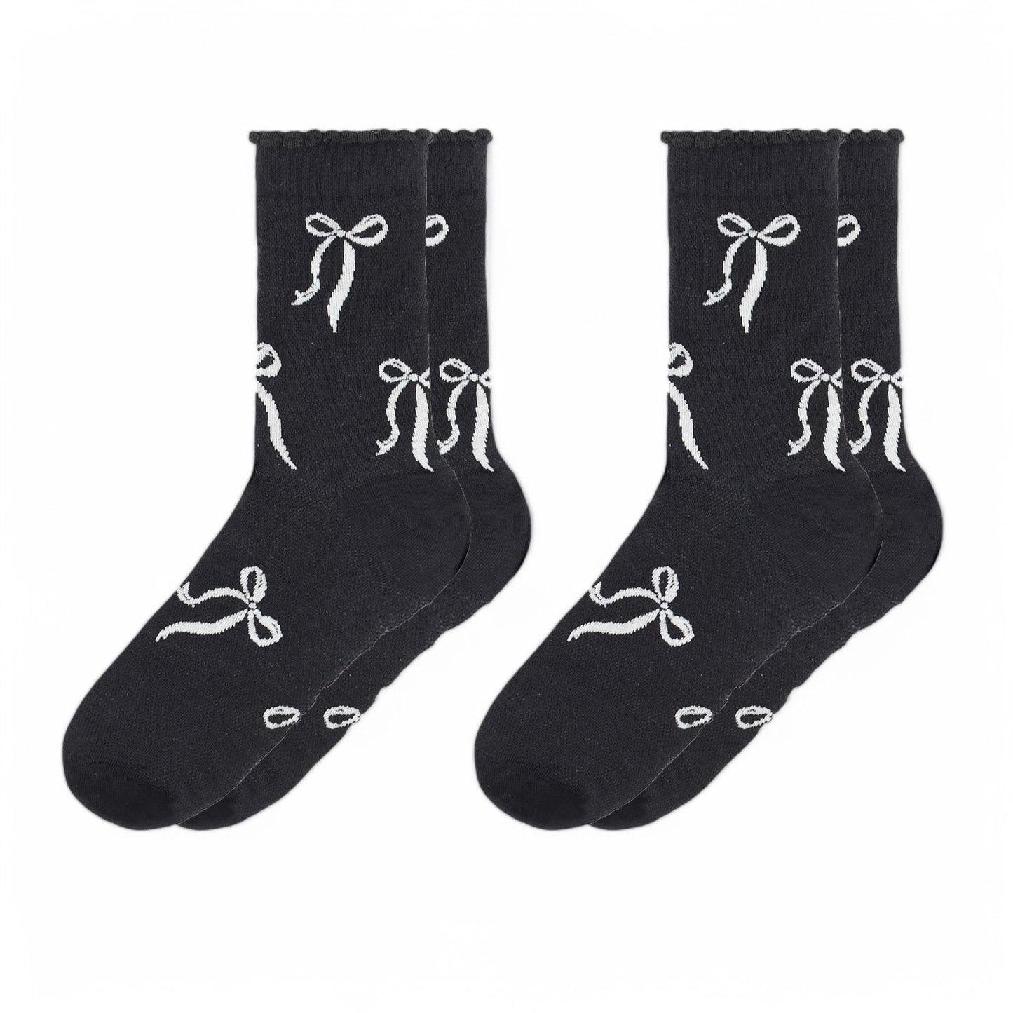 Women's 2-Pack Bow Pattern Crew Socks with Scalloped Trim and Contrast Details