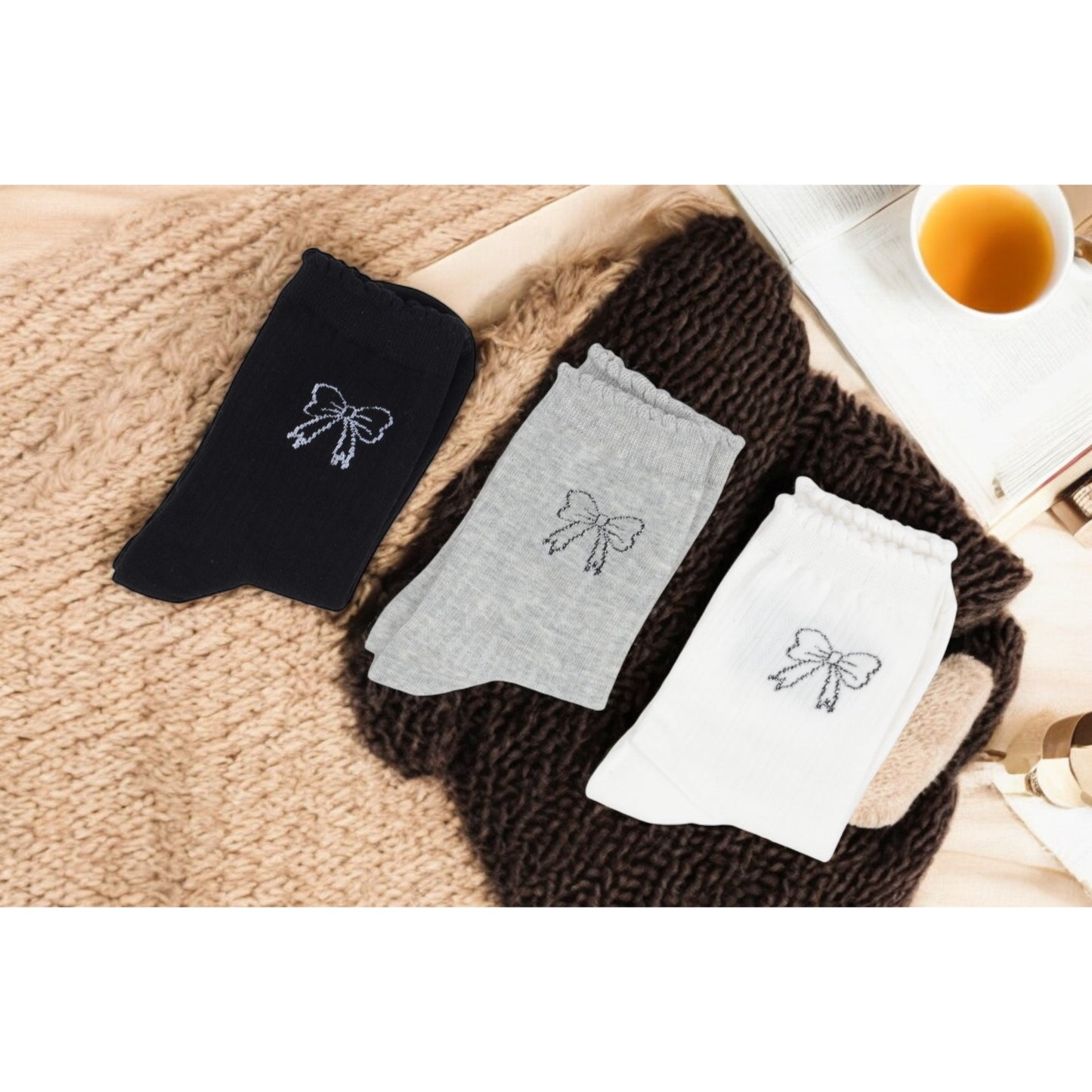 Women's 3-Pack Bow Embroidery Crew Socks with Scalloped Trim and Soft Knit Fabric