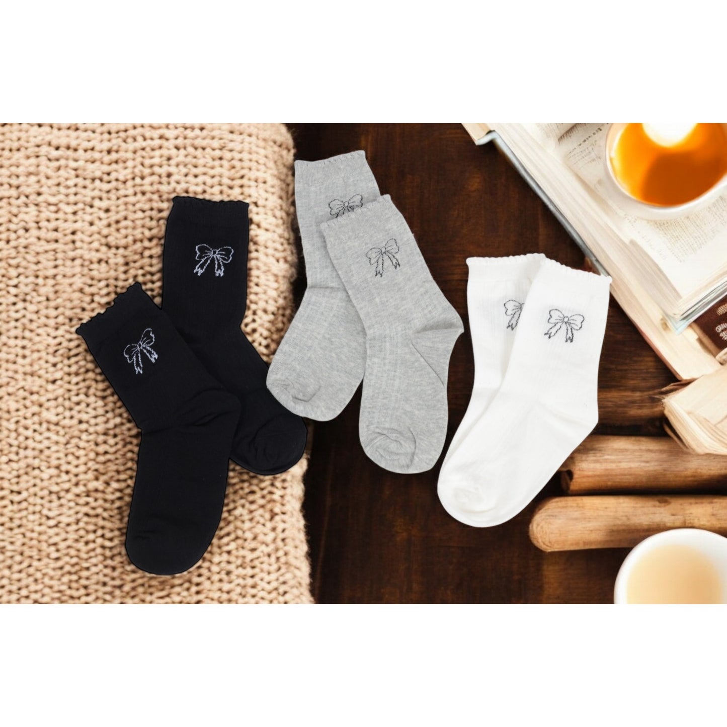 Women's 3-Pack Bow Embroidery Crew Socks with Scalloped Trim and Soft Knit Fabric