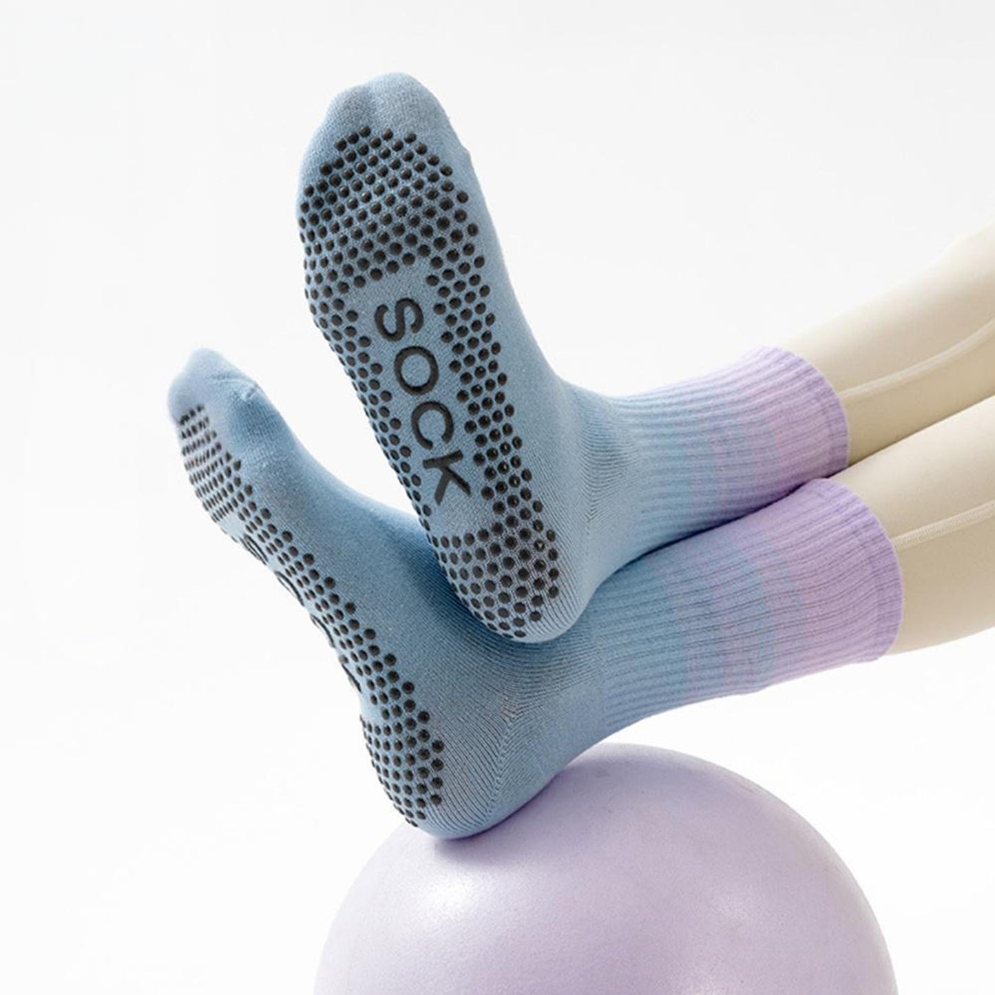 Anna-Kaci 2 Pairs Gradient Ribbed Crew Socks with Non-Slip Grip Bottom for Indoor or Studio Use