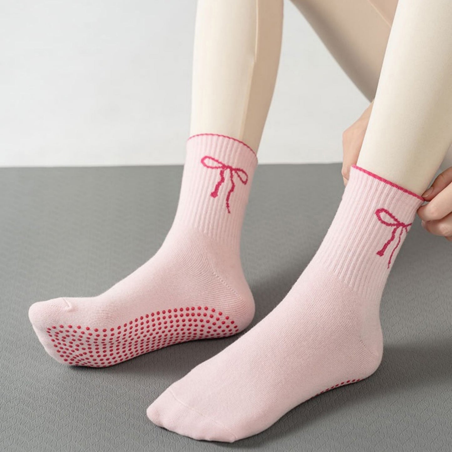 Anna-Kaci Women's 2-Pack Non-Slip Grip Socks with Bow Embroidery and Anti-Skid Dot Soles