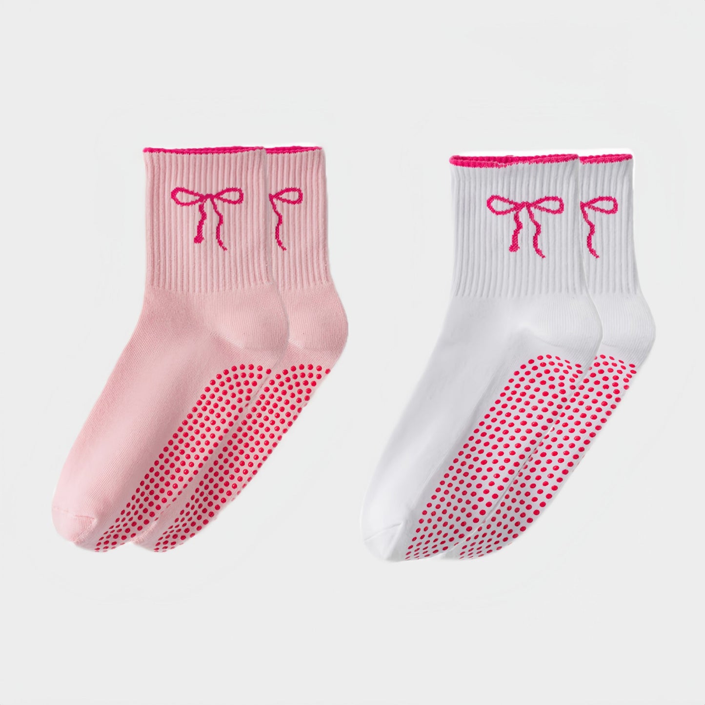 Anna-Kaci Women's 2-Pack Non-Slip Grip Socks with Bow Embroidery and Anti-Skid Dot Soles