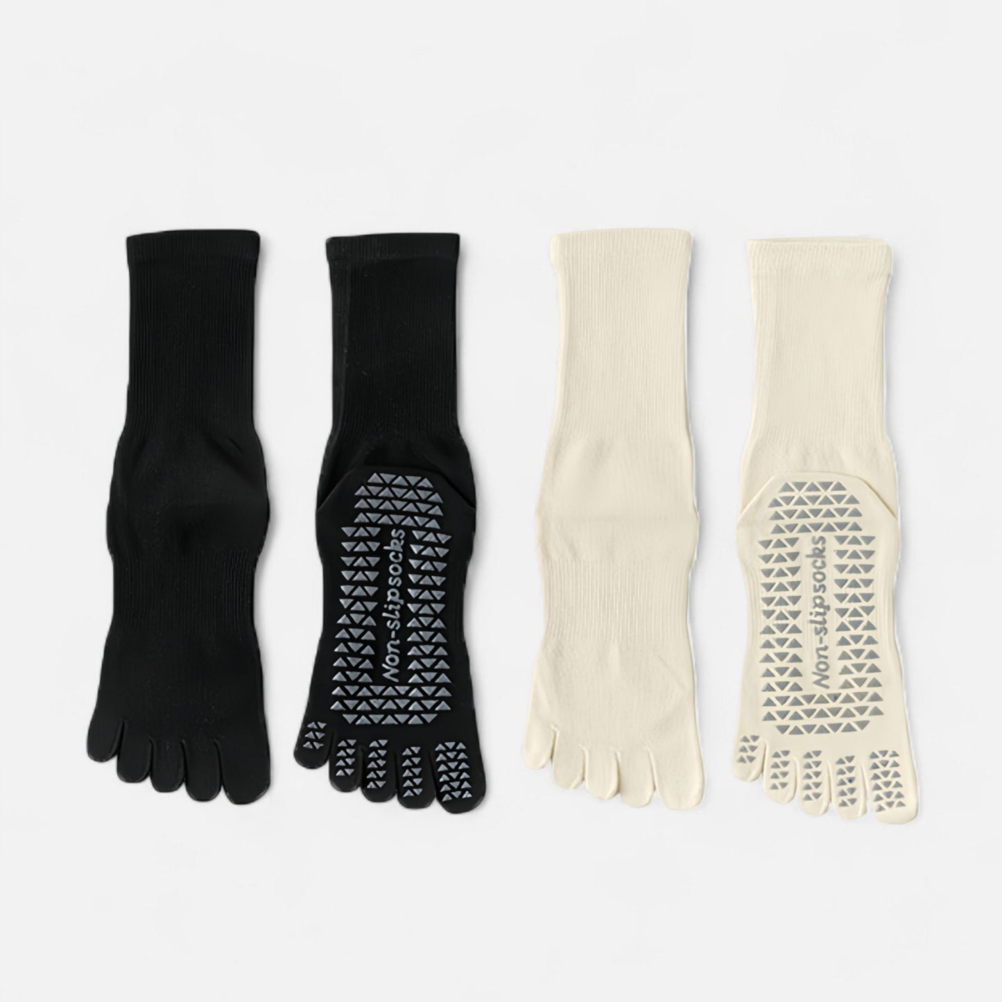 Anna-Kaci Women's 2-Pack Grip Toe Socks with Non-Slip Soles and Ribbed Knit in Neutral Tones for Yoga and Studio Classes